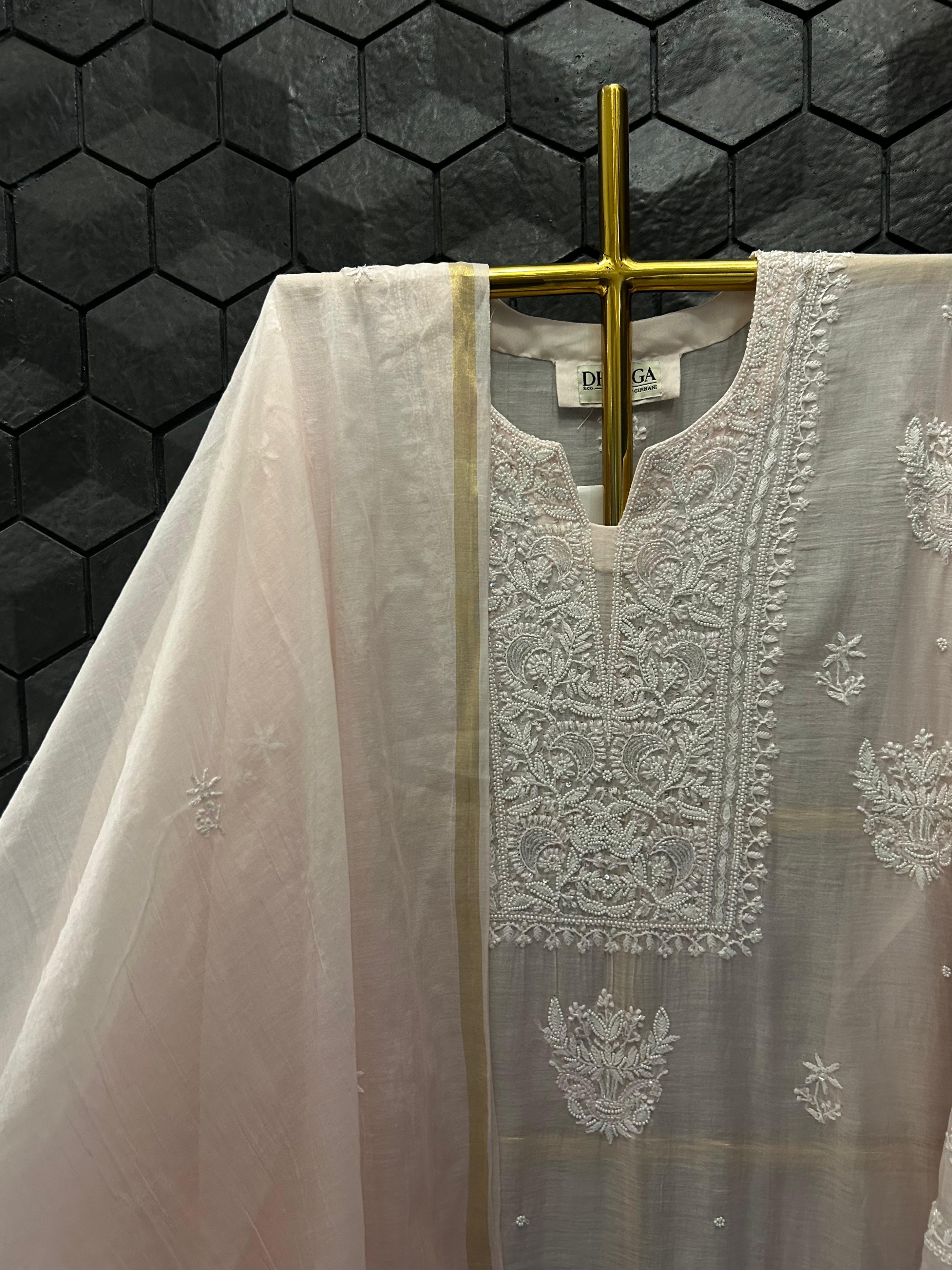 pink mul chanderi chikankari kurta set