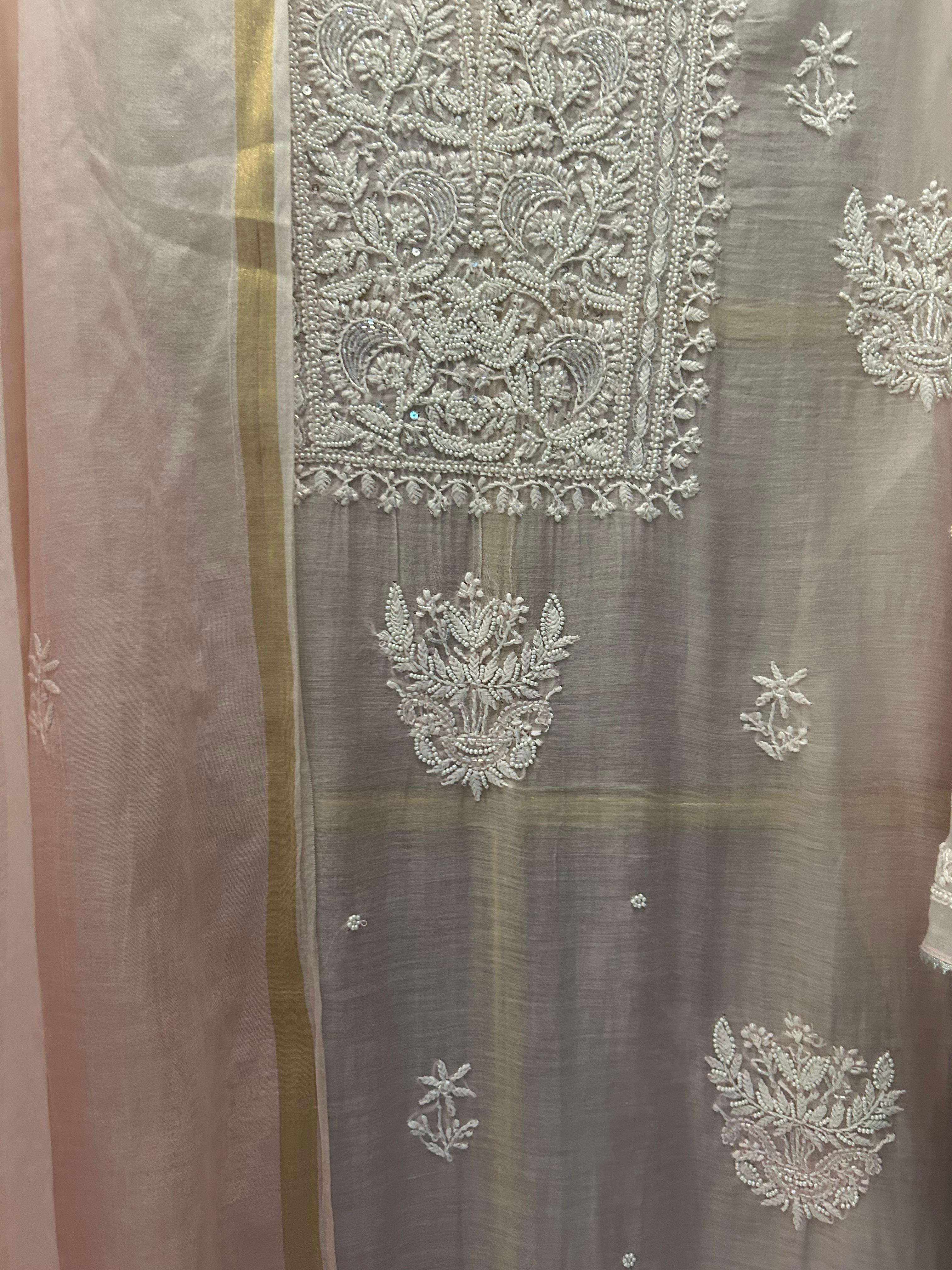 pink mul chanderi chikankari kurta set