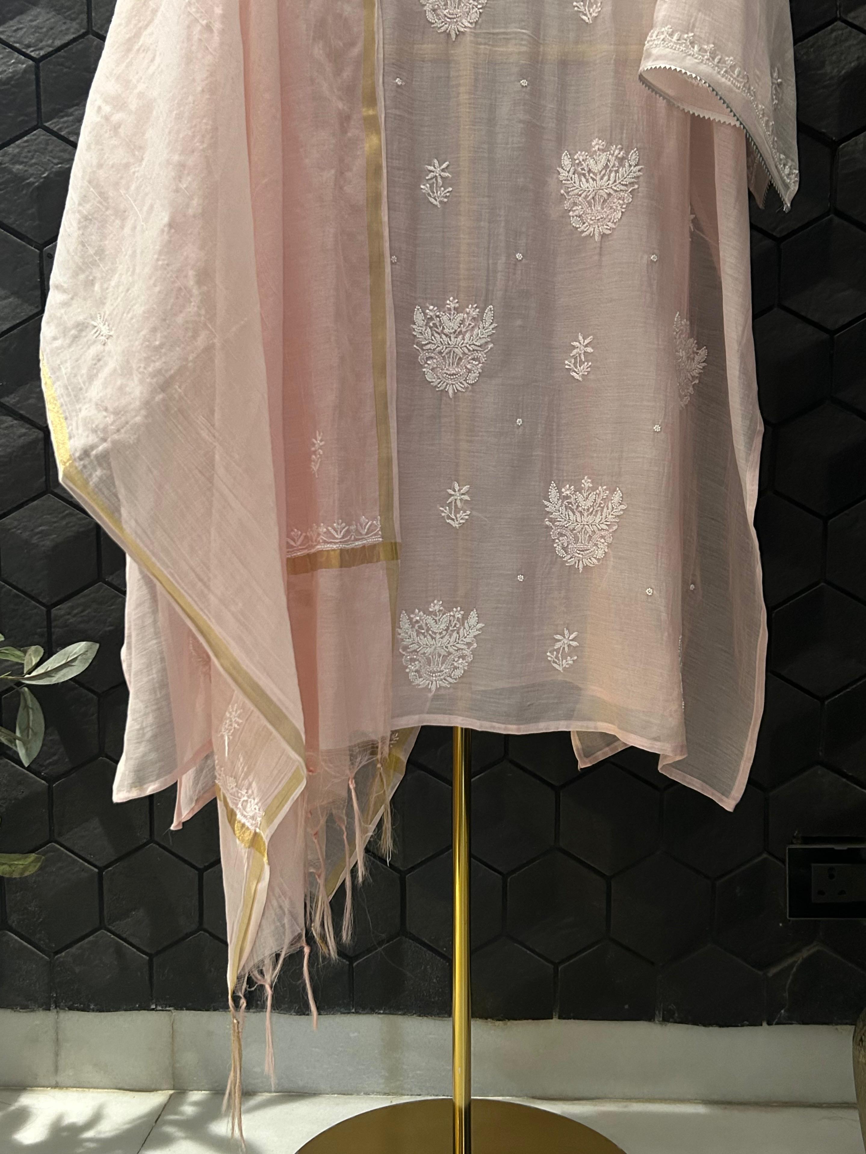 pink mul chanderi chikankari kurta set