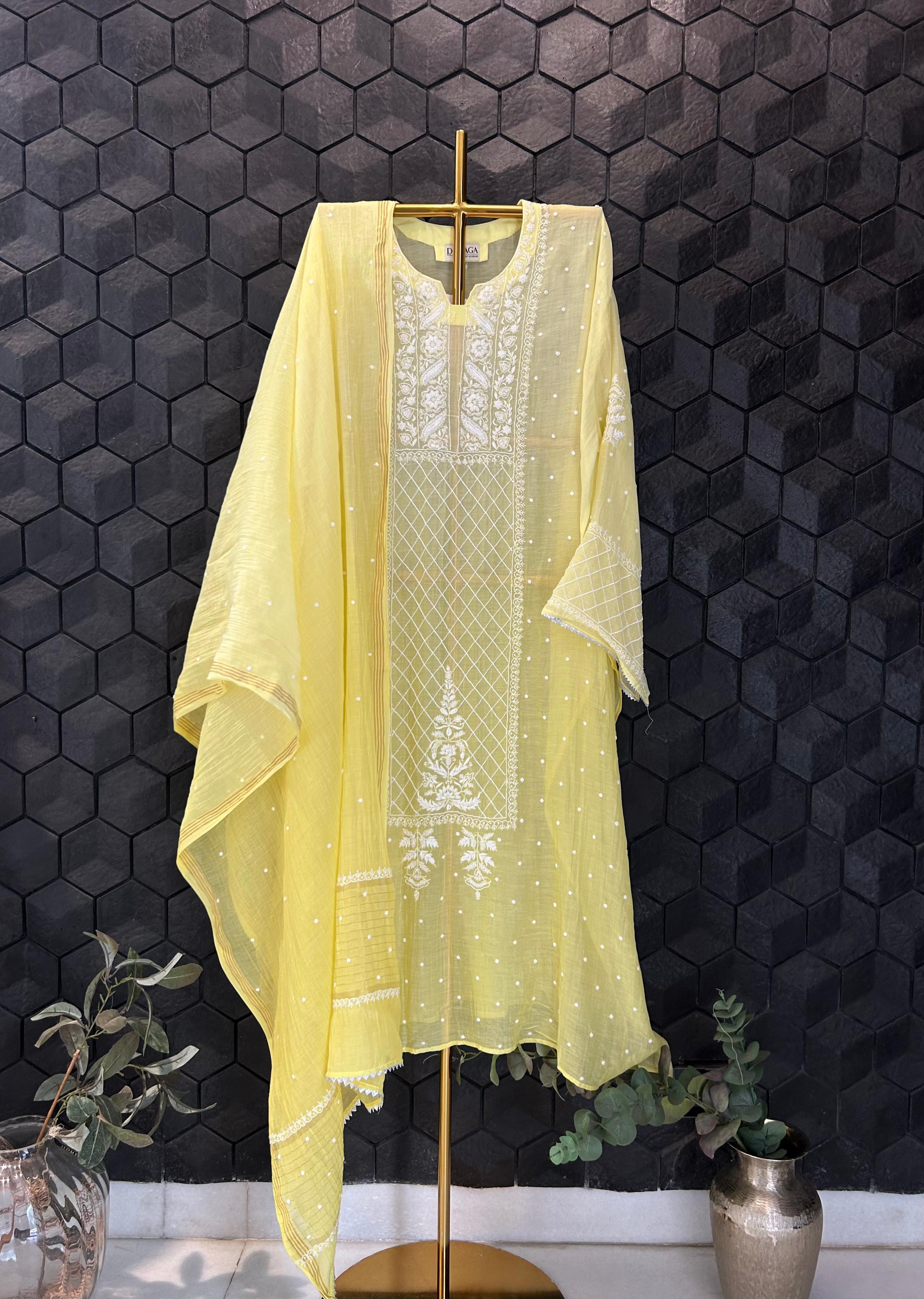 Yellow mul chanderi chikankari kurta set