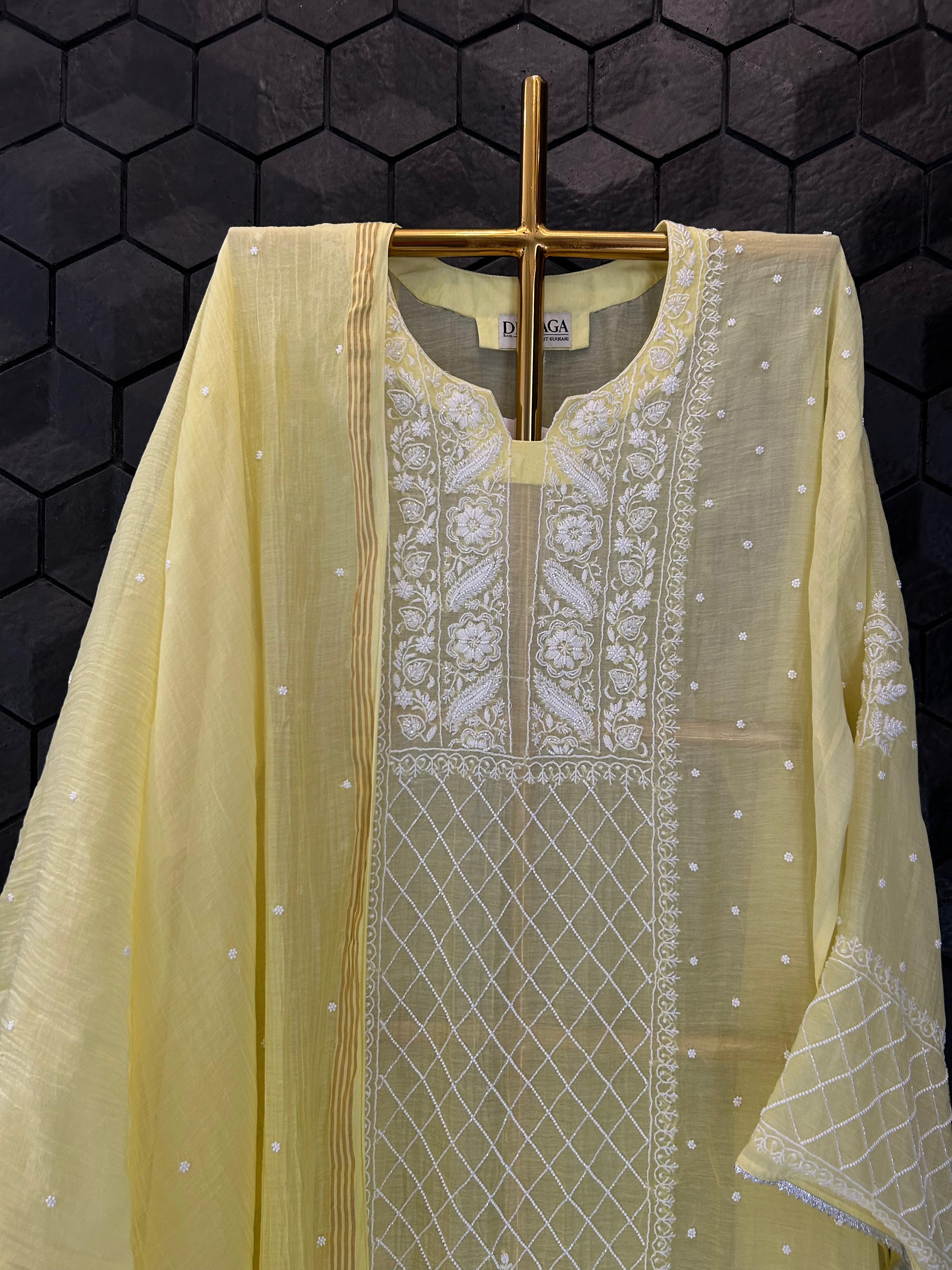 Yellow mul chanderi chikankari kurta set