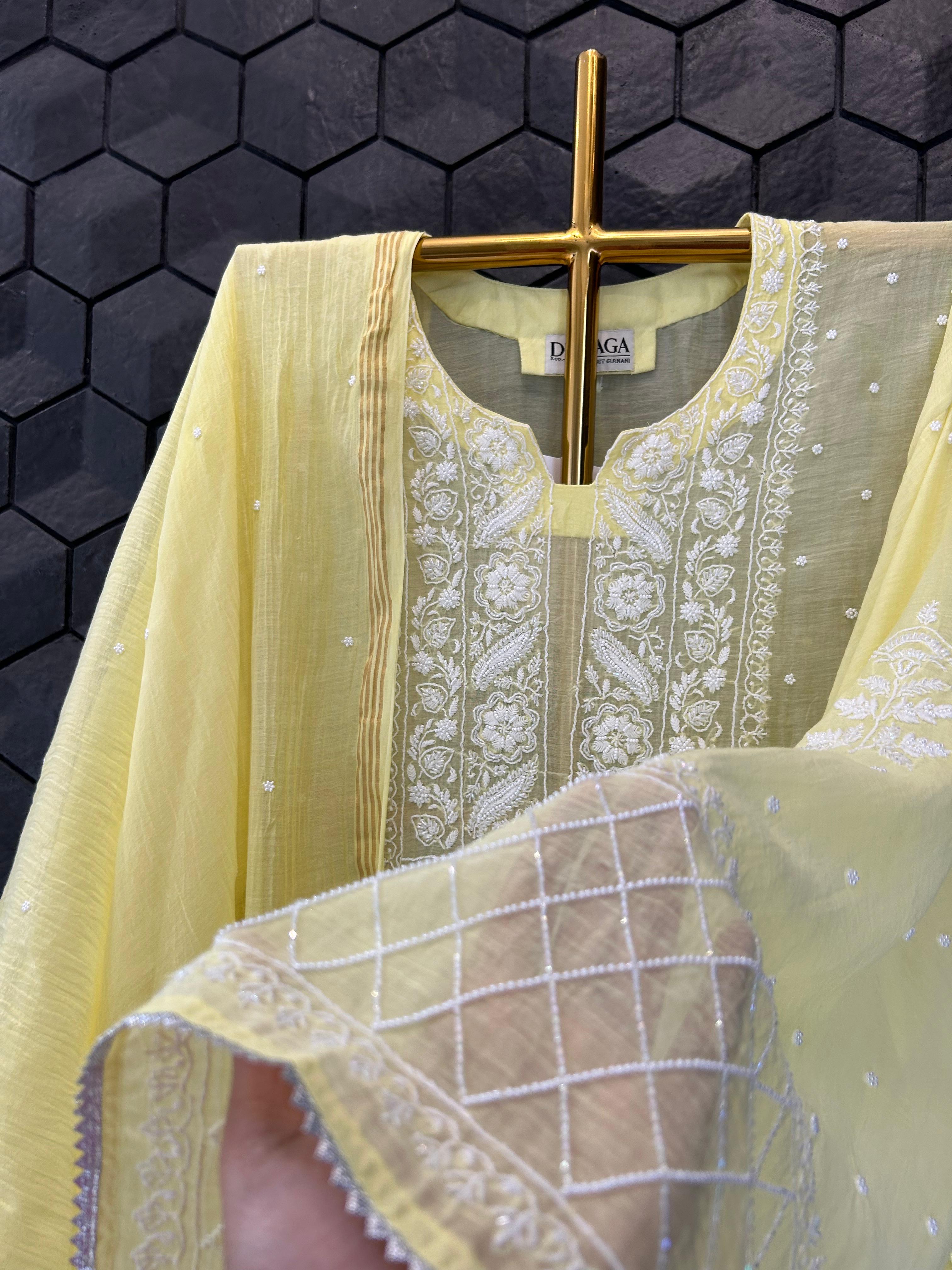 Yellow mul chanderi chikankari kurta set