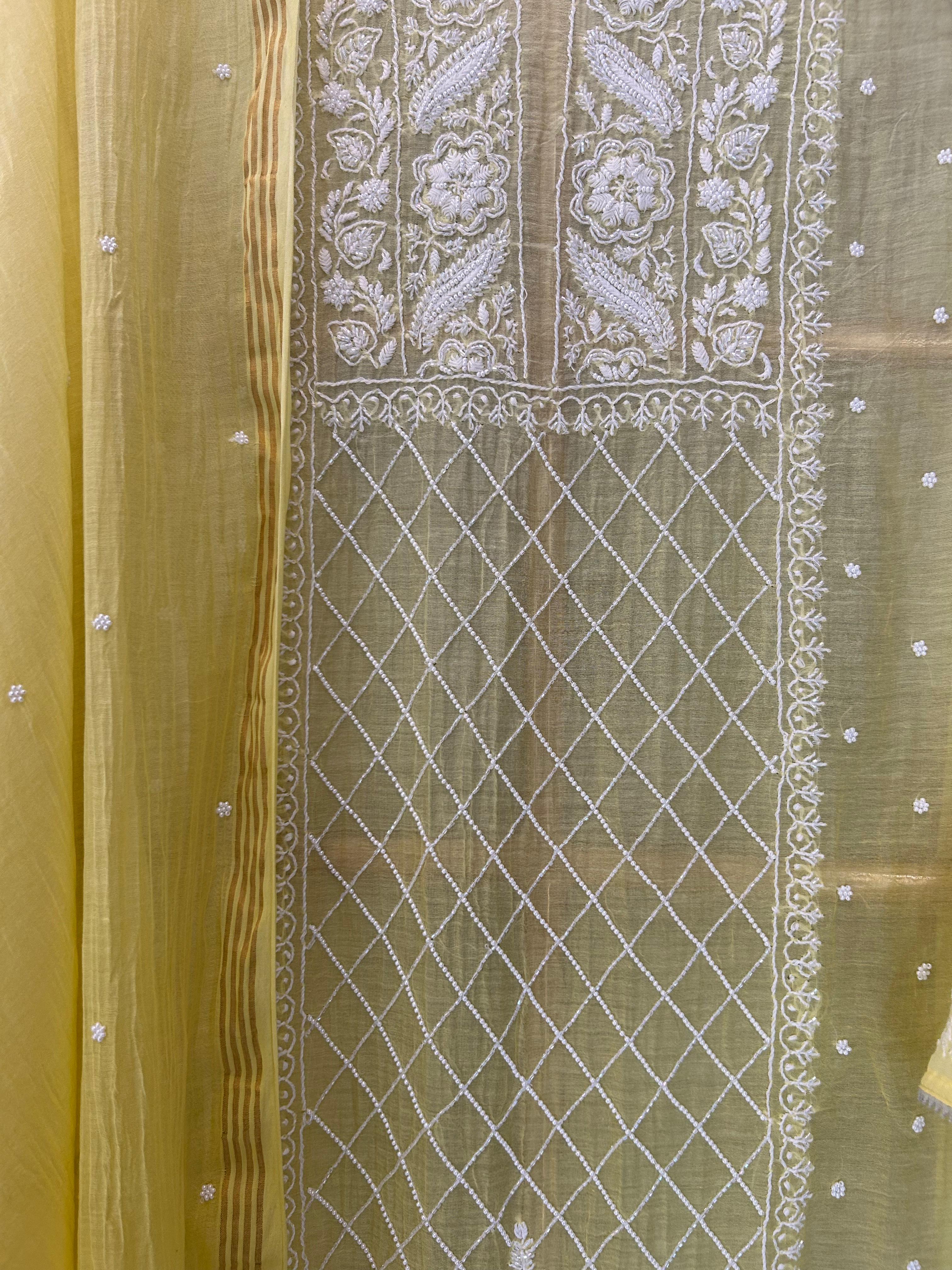 Yellow mul chanderi chikankari kurta set