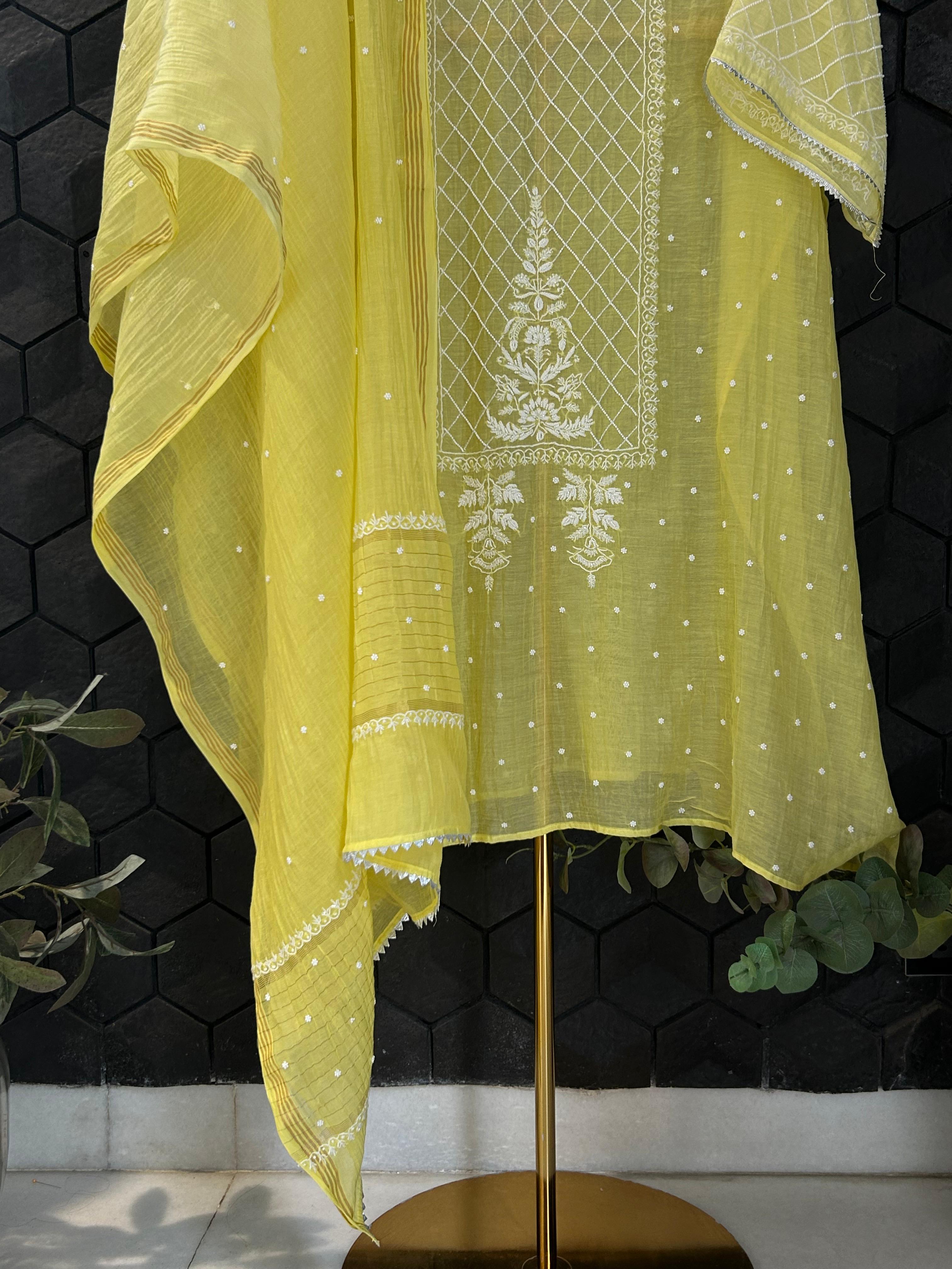 Yellow mul chanderi chikankari kurta set