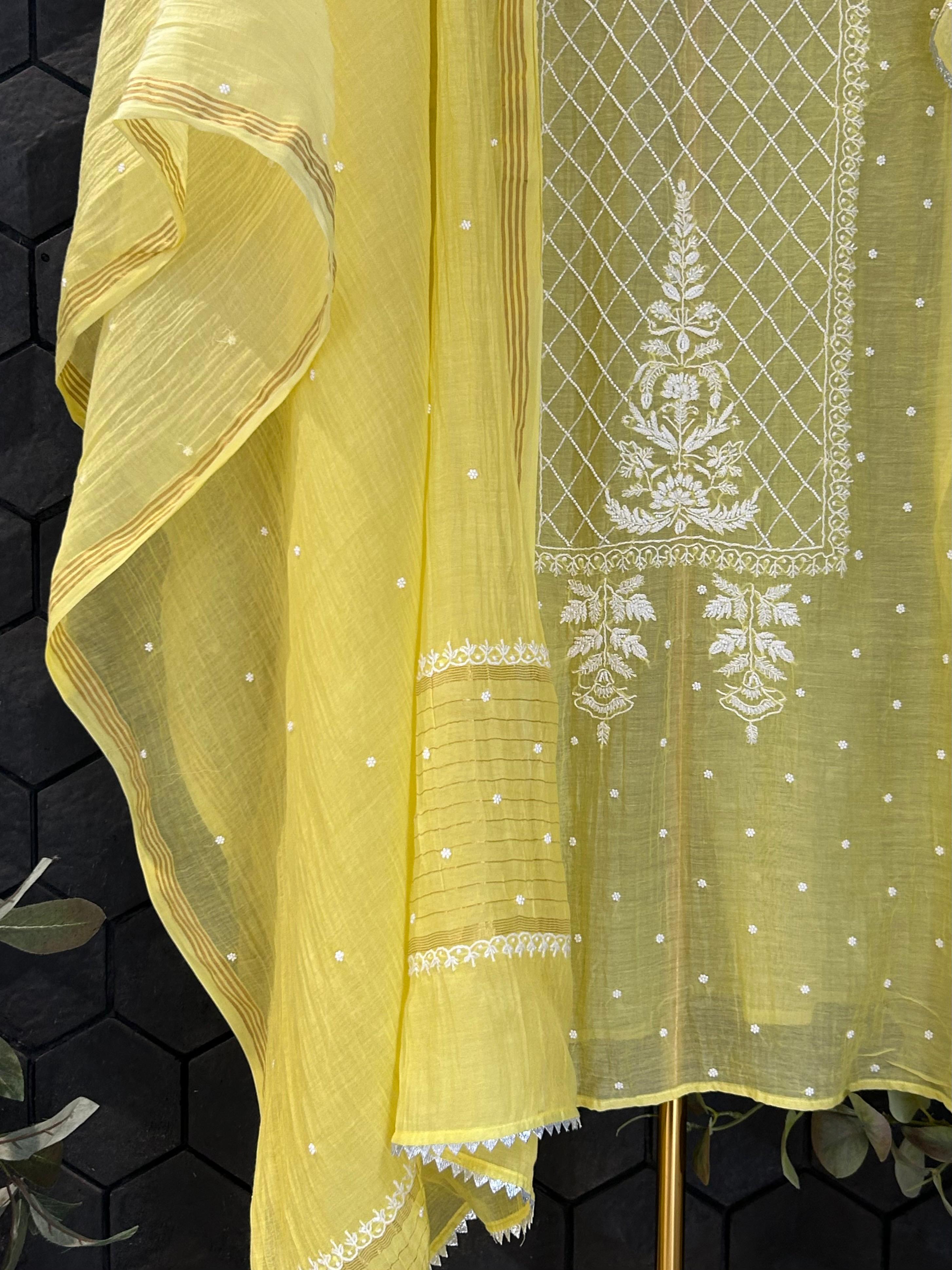 Yellow mul chanderi chikankari kurta set