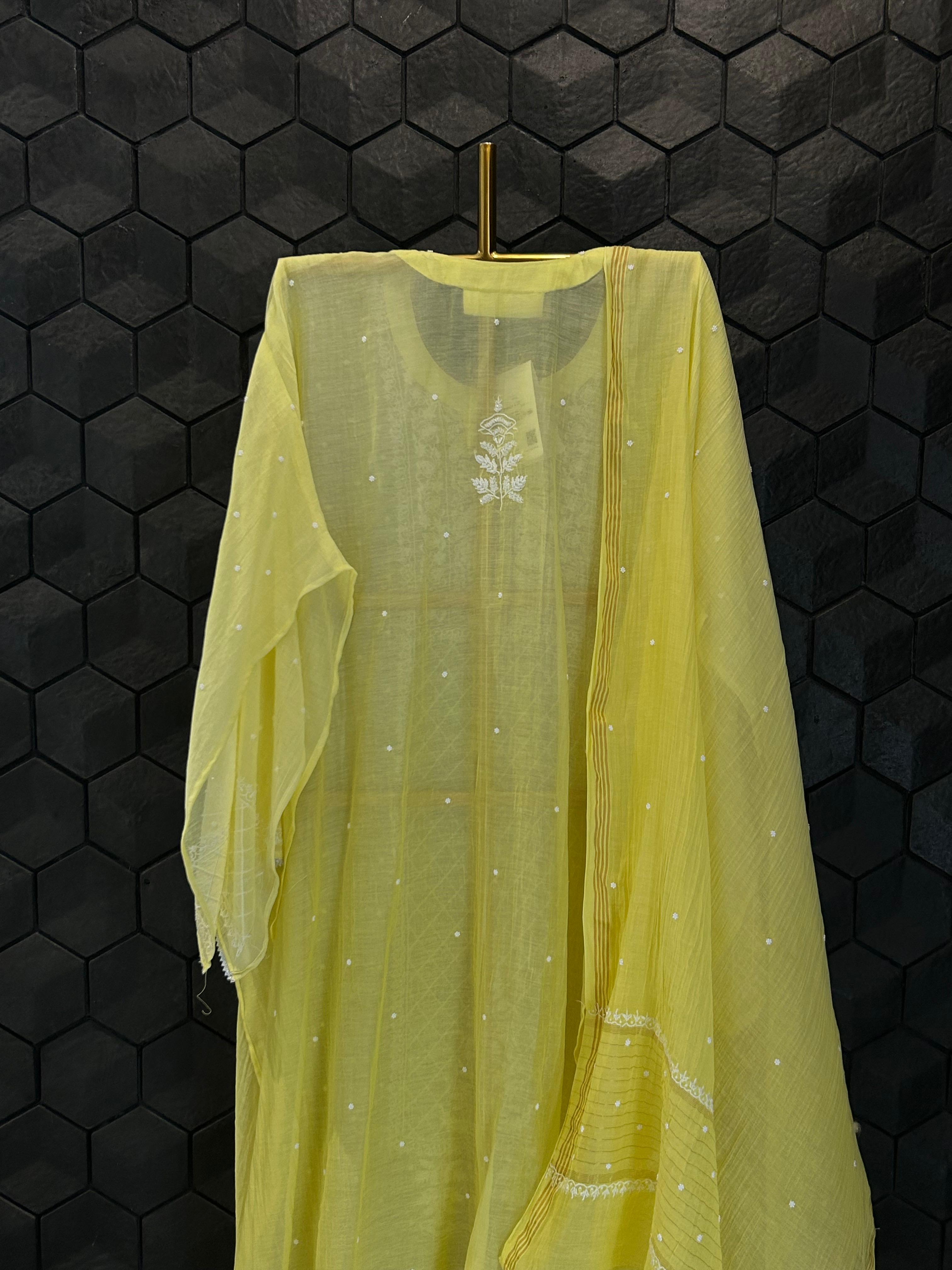 Yellow mul chanderi chikankari kurta set