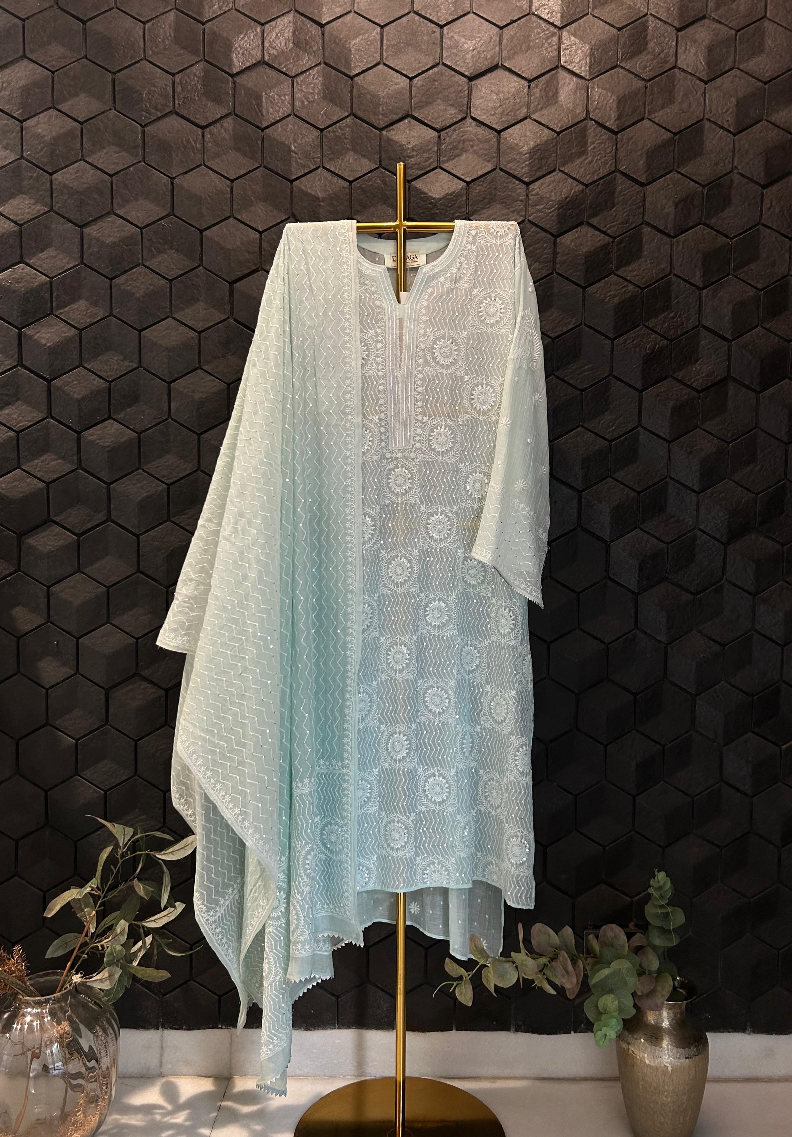Sea green mul chanderi chikankari kurta set