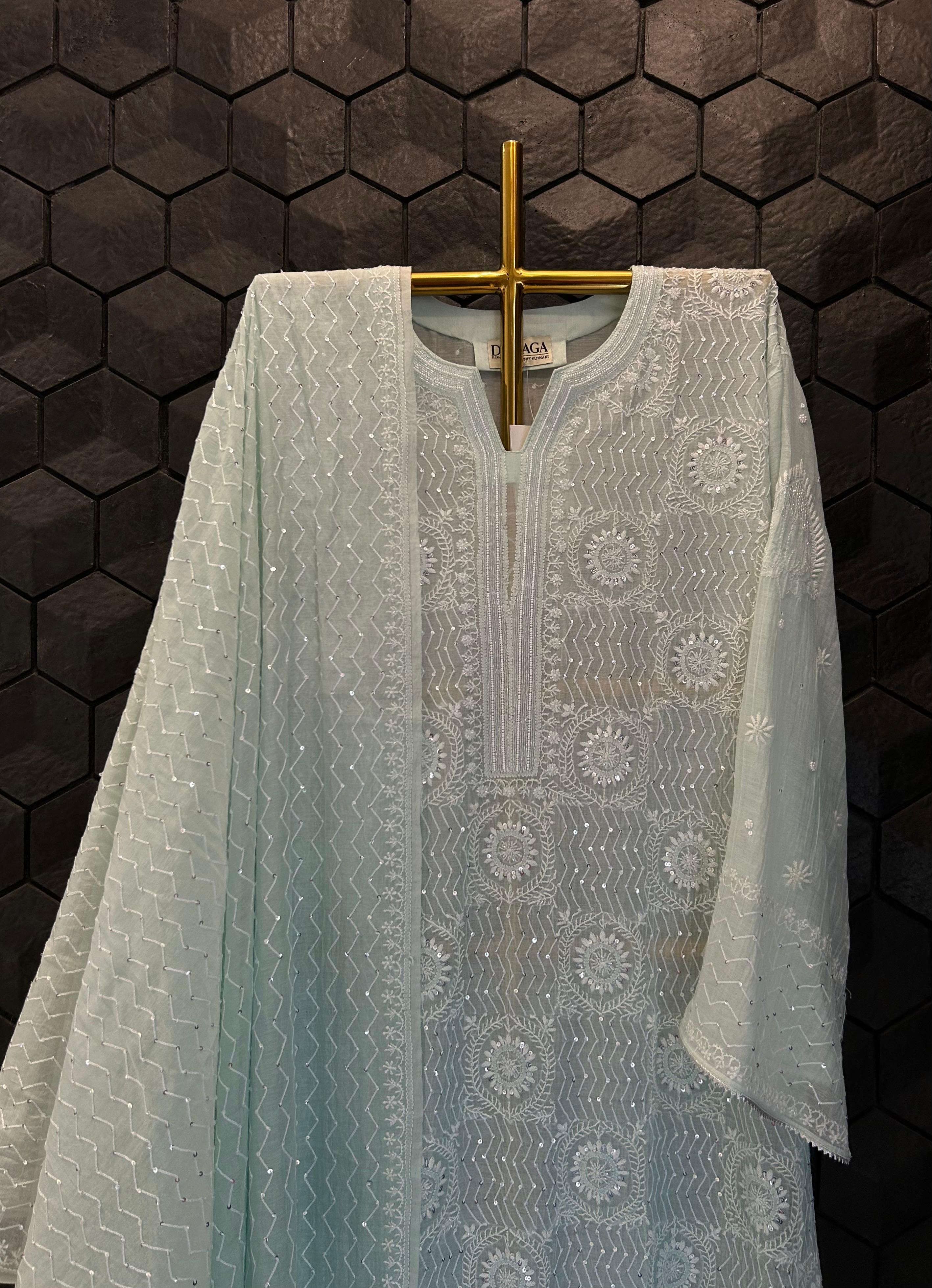 Sea green mul chanderi chikankari kurta set