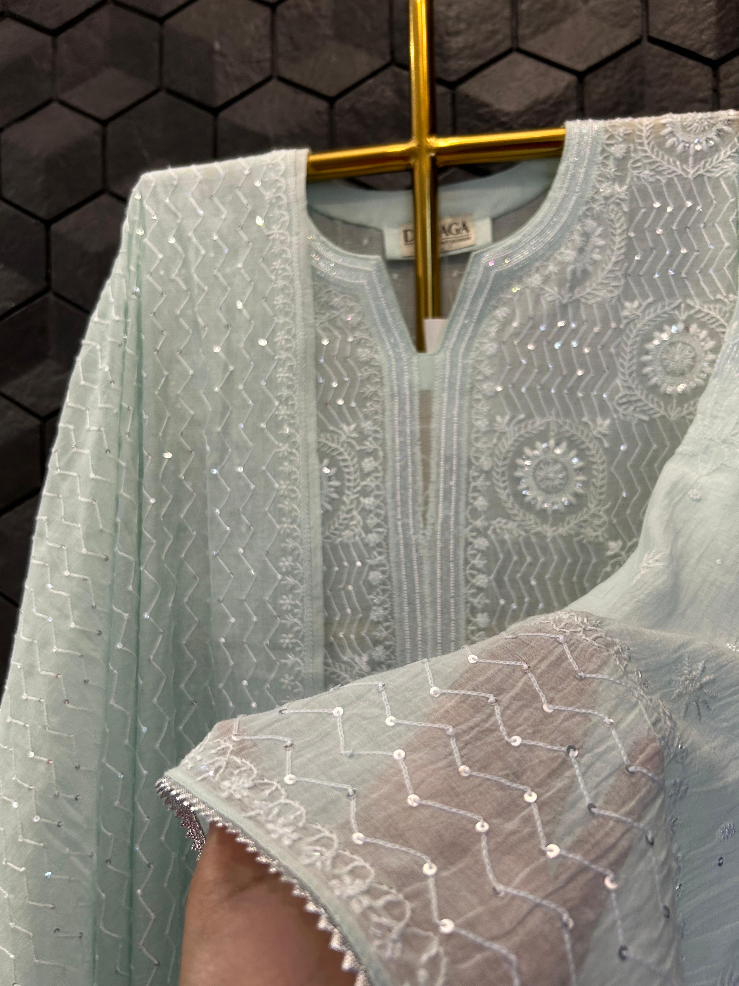 Sea green mul chanderi chikankari kurta set