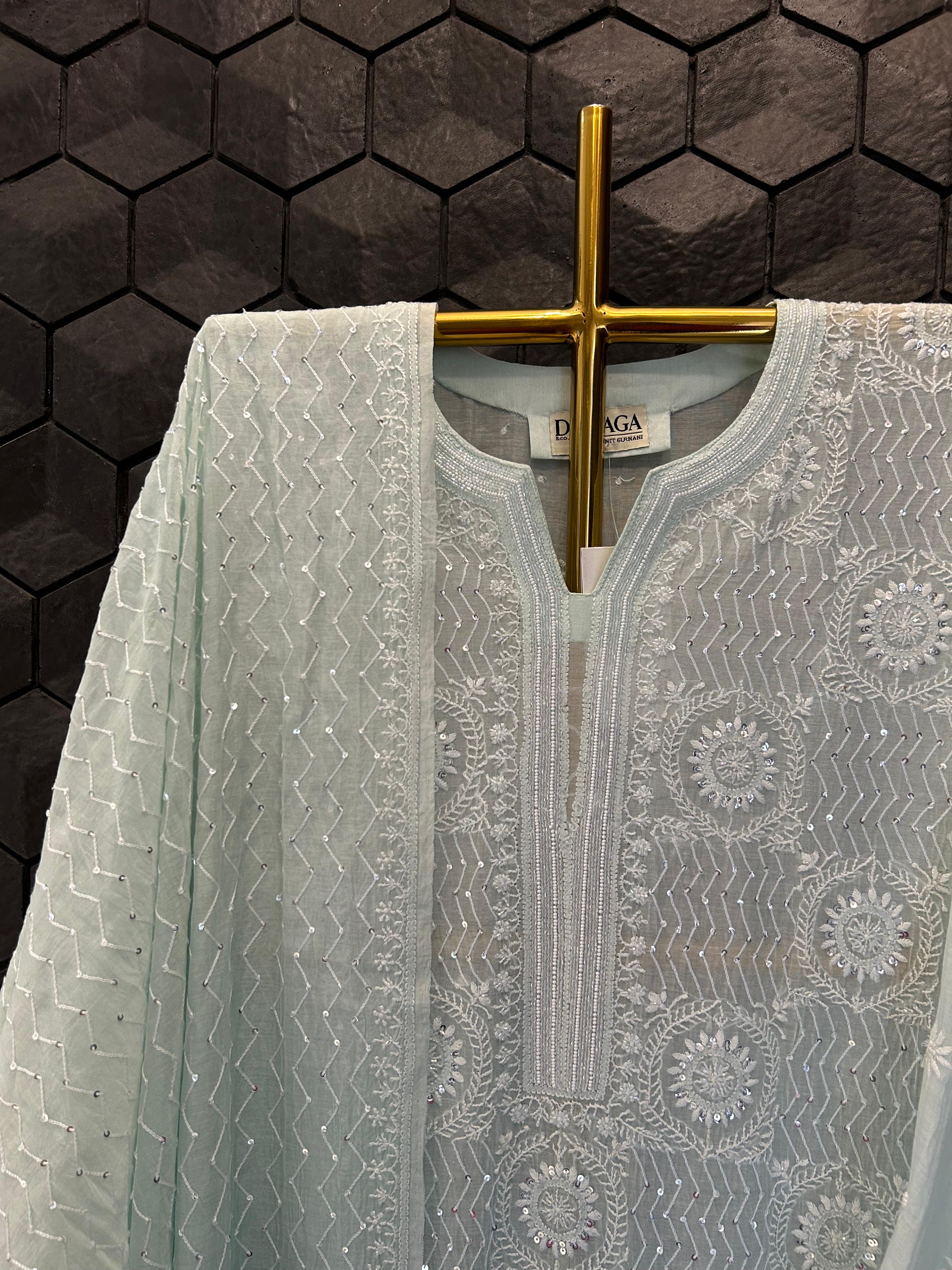 Sea green mul chanderi chikankari kurta set
