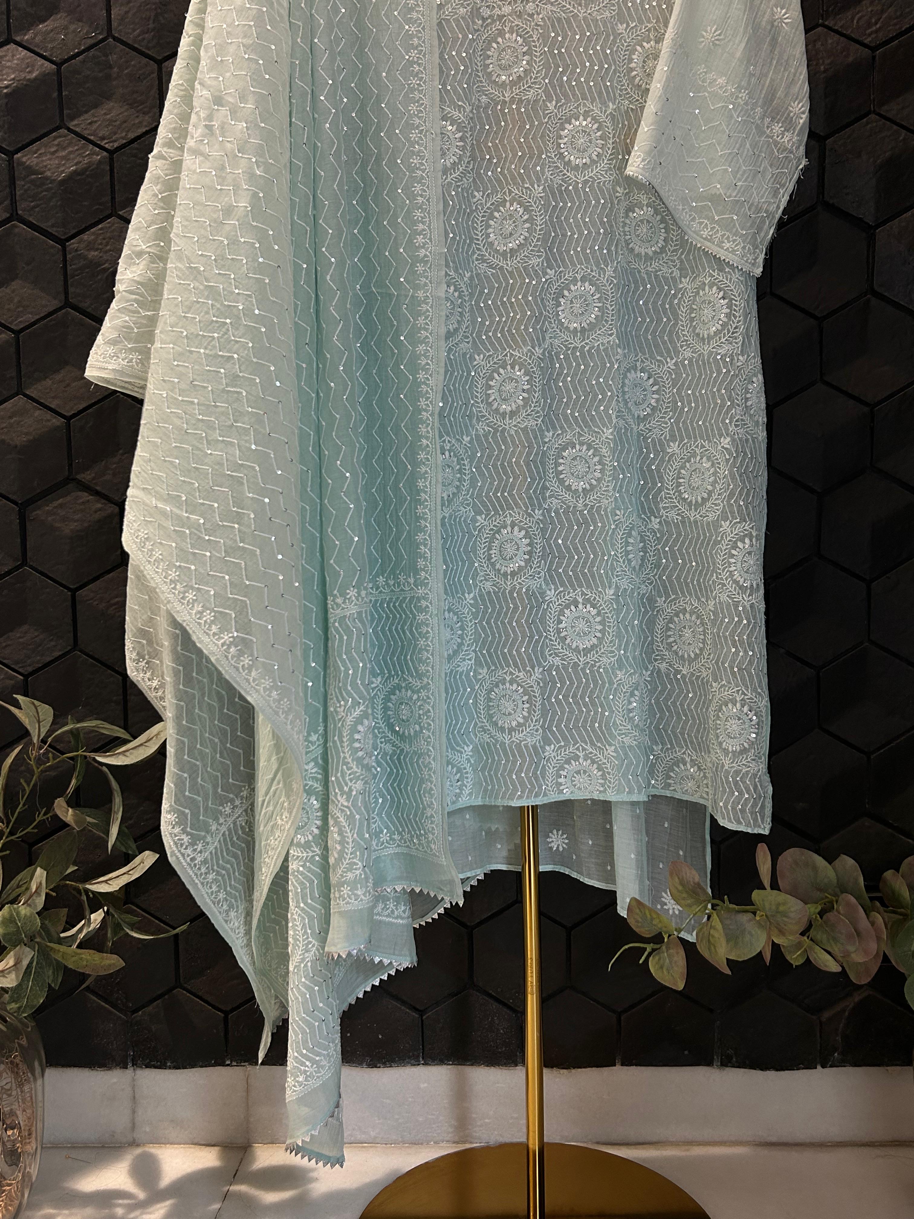 Sea green mul chanderi chikankari kurta set