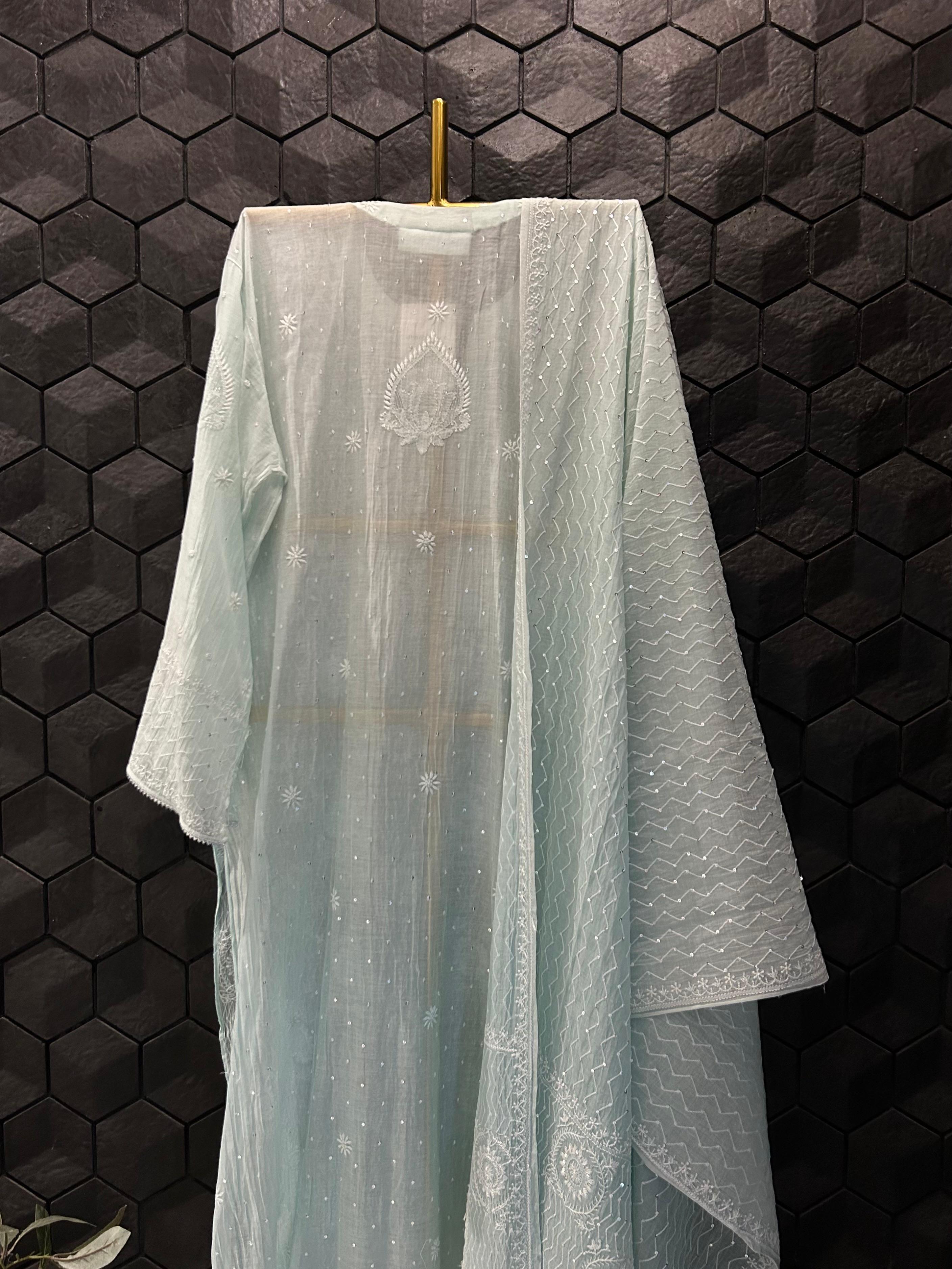 Sea green mul chanderi chikankari kurta set