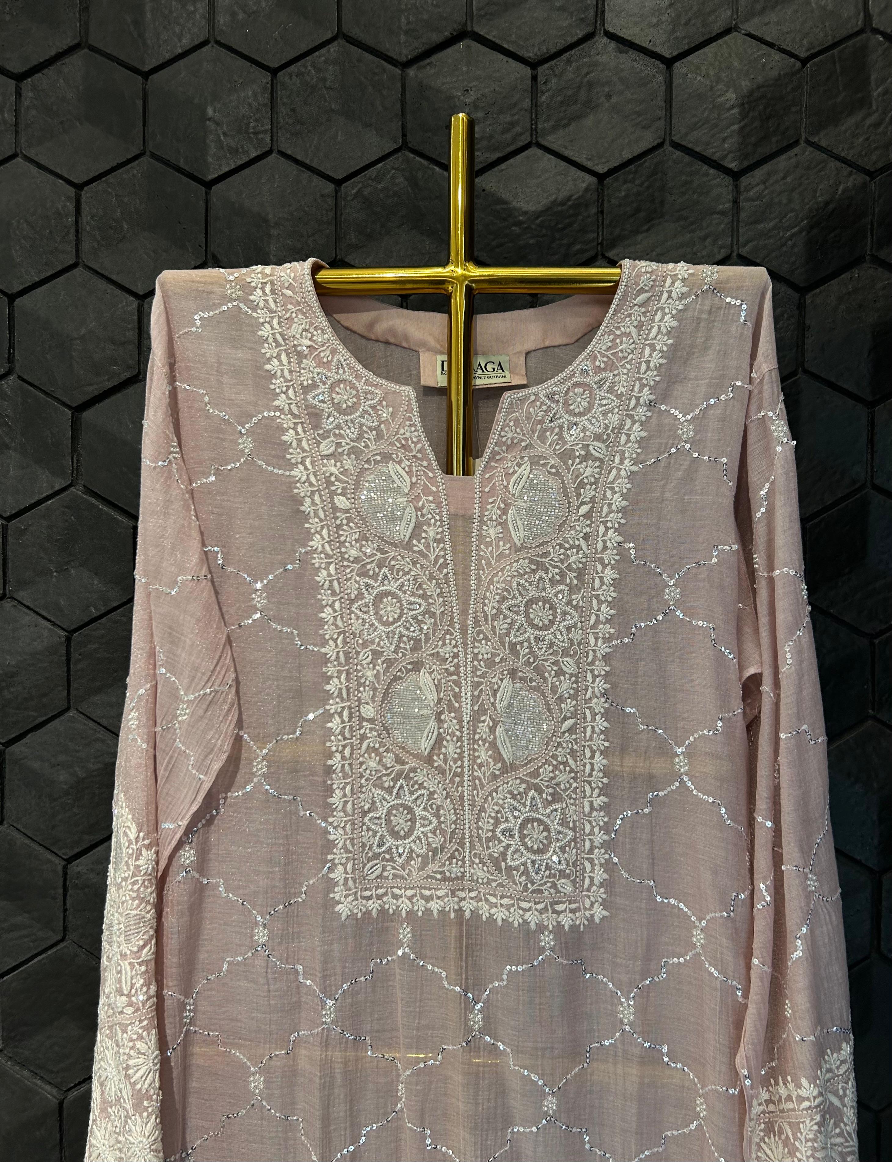 Pink tissue chikankari co-ord set