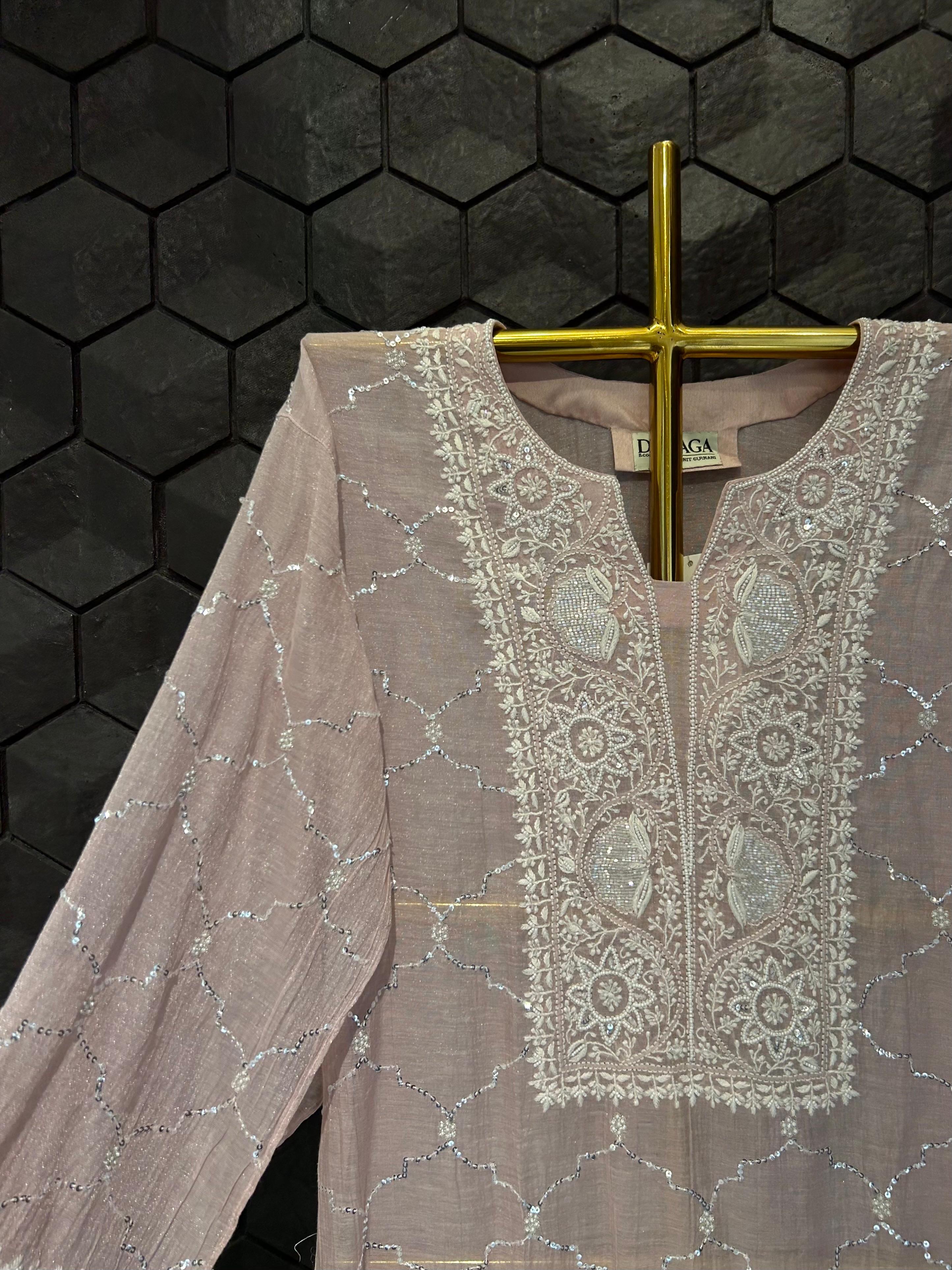 Pink tissue chikankari co-ord set
