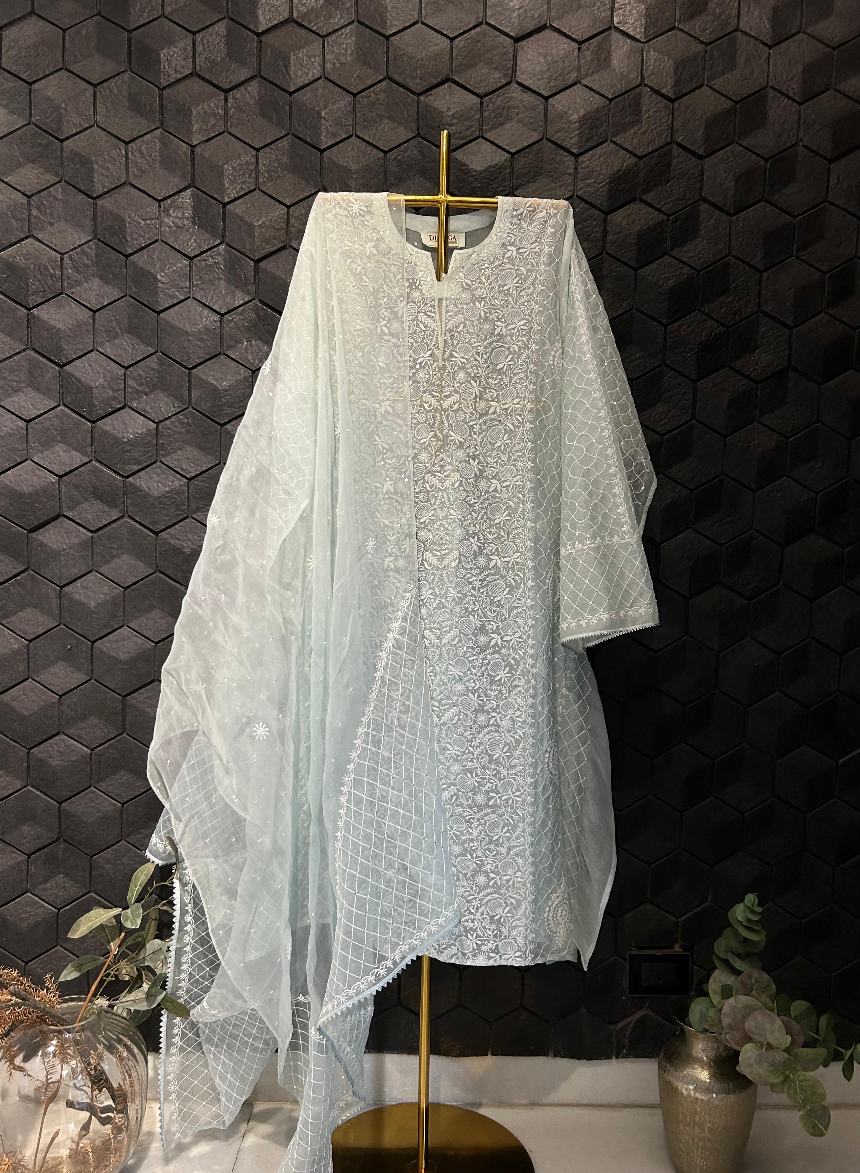 Blue organza chikankari kurta set