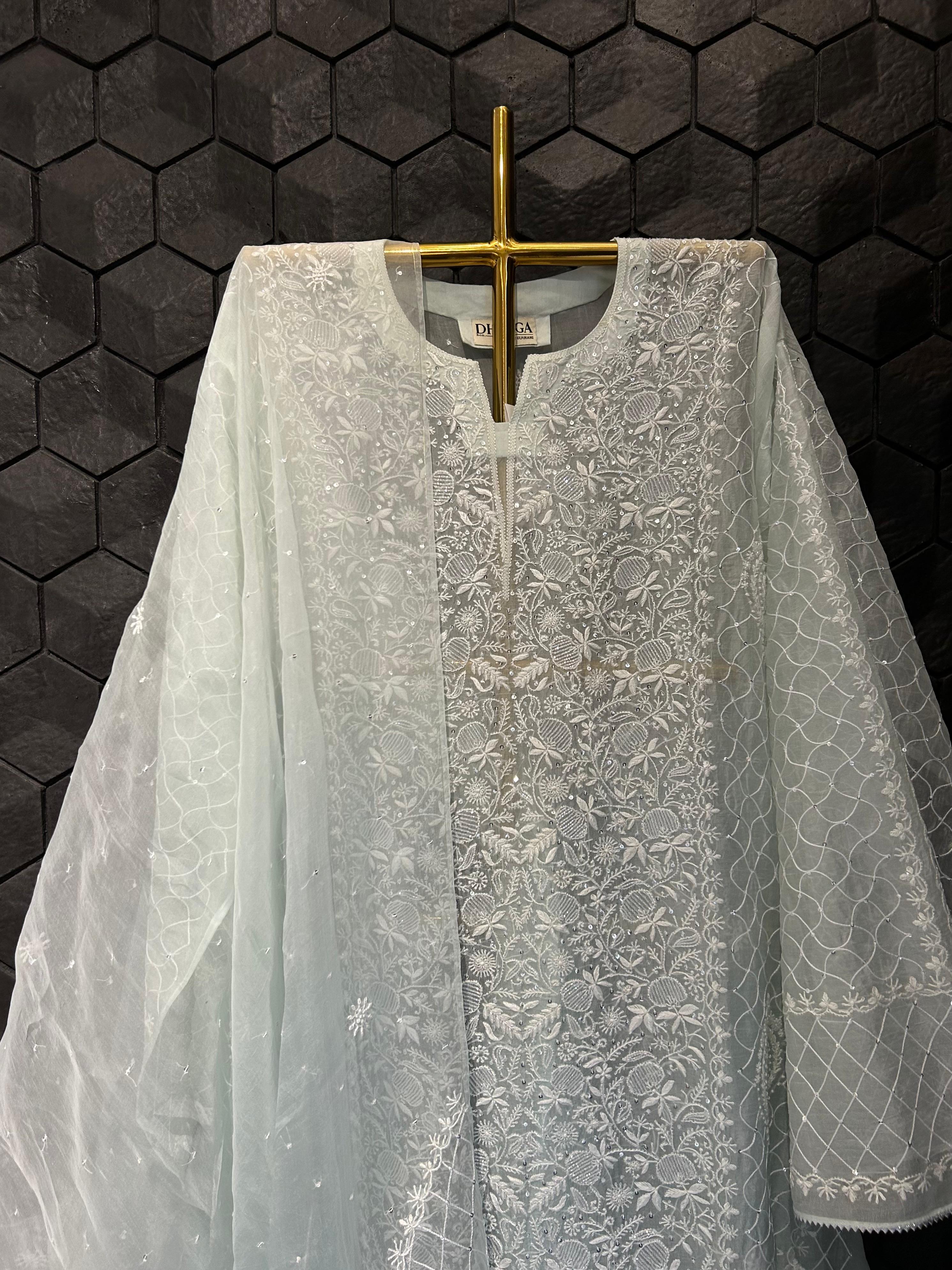 Blue organza chikankari kurta set