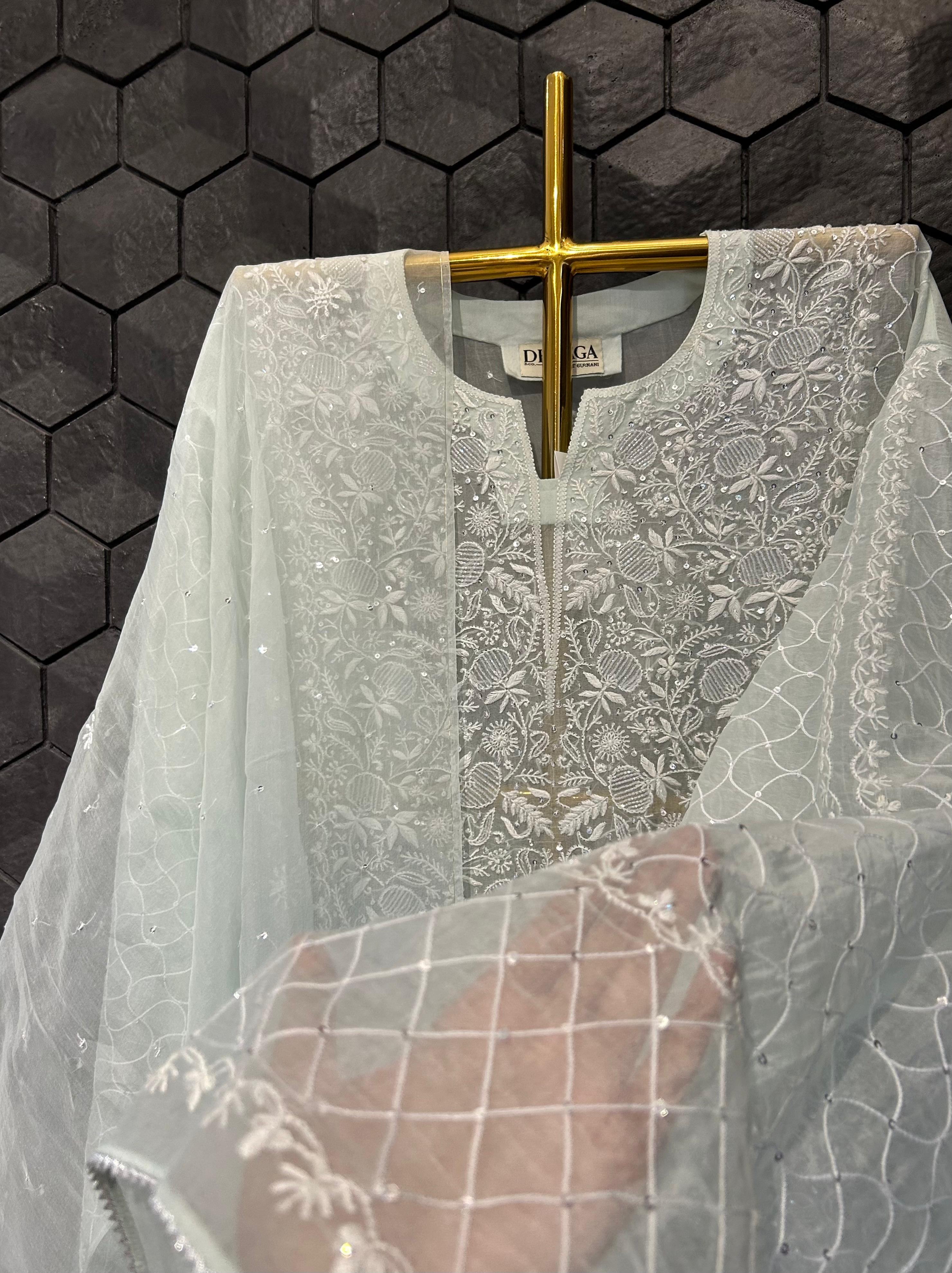 Blue organza chikankari kurta set