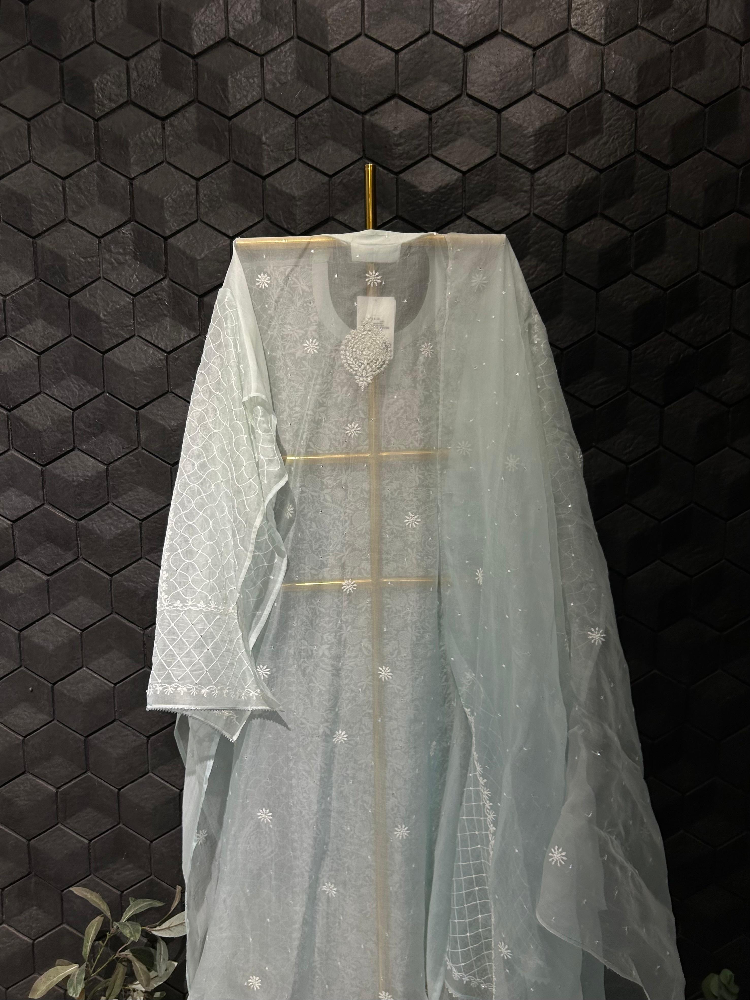 Blue organza chikankari kurta set
