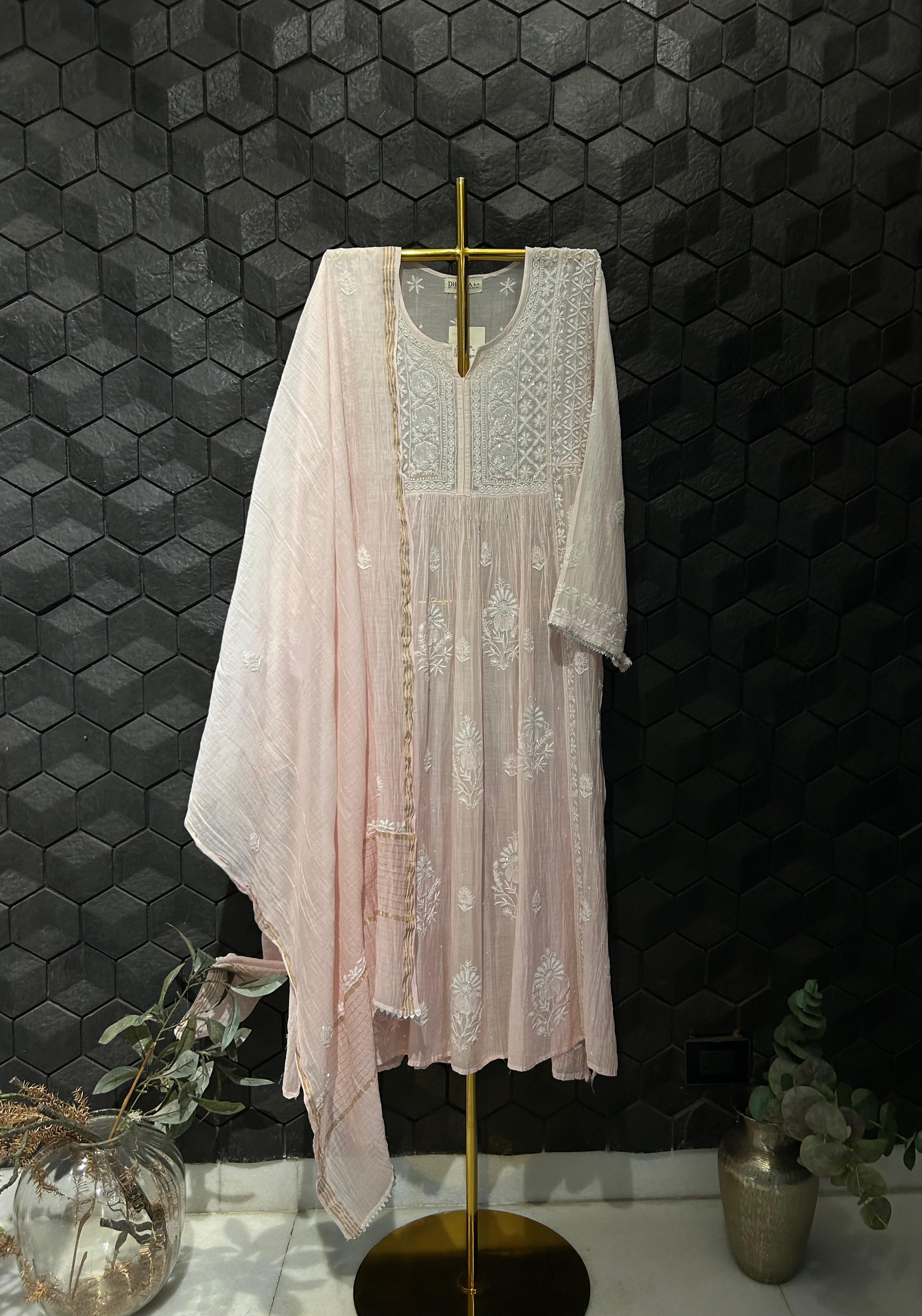 PinK mul chanderi chikankari kurta set