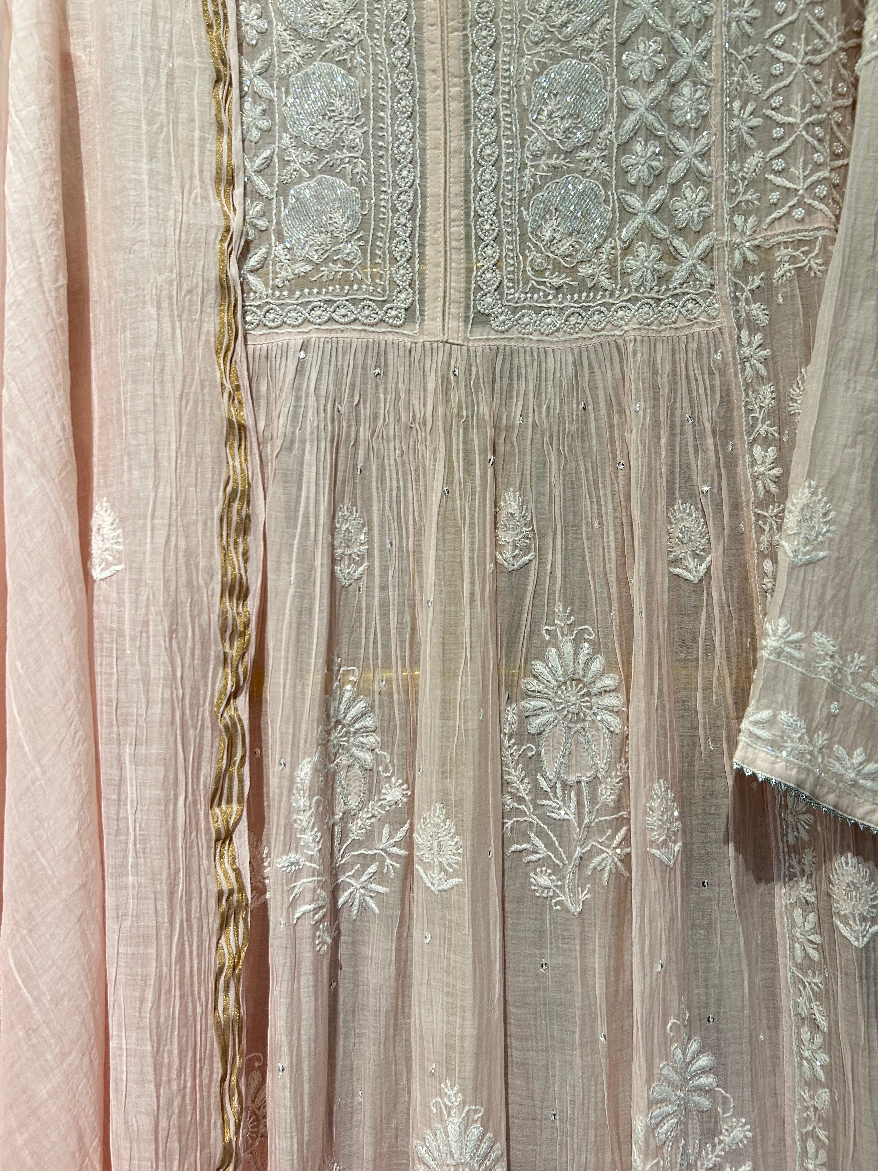 PinK mul chanderi chikankari kurta set
