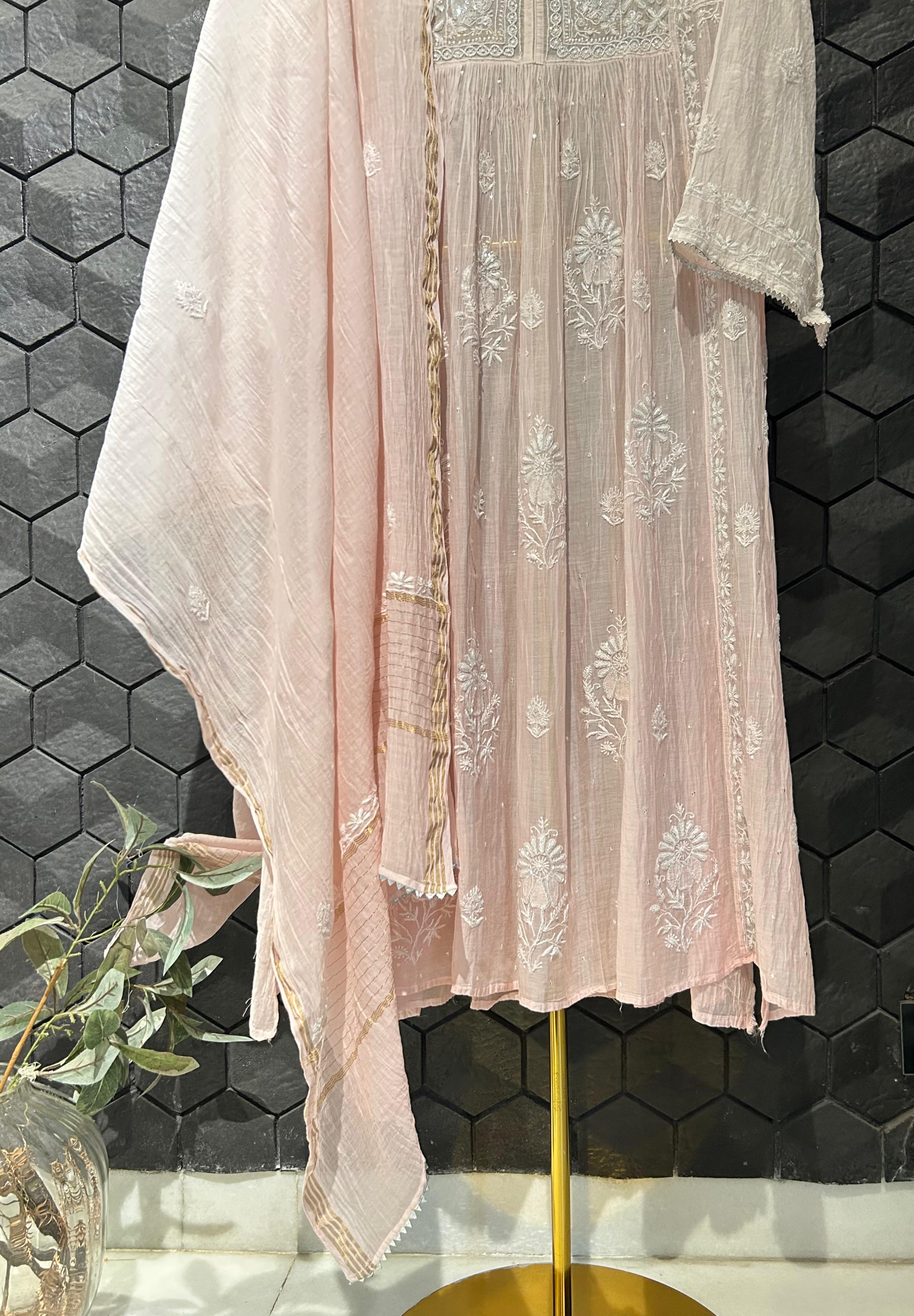 PinK mul chanderi chikankari kurta set