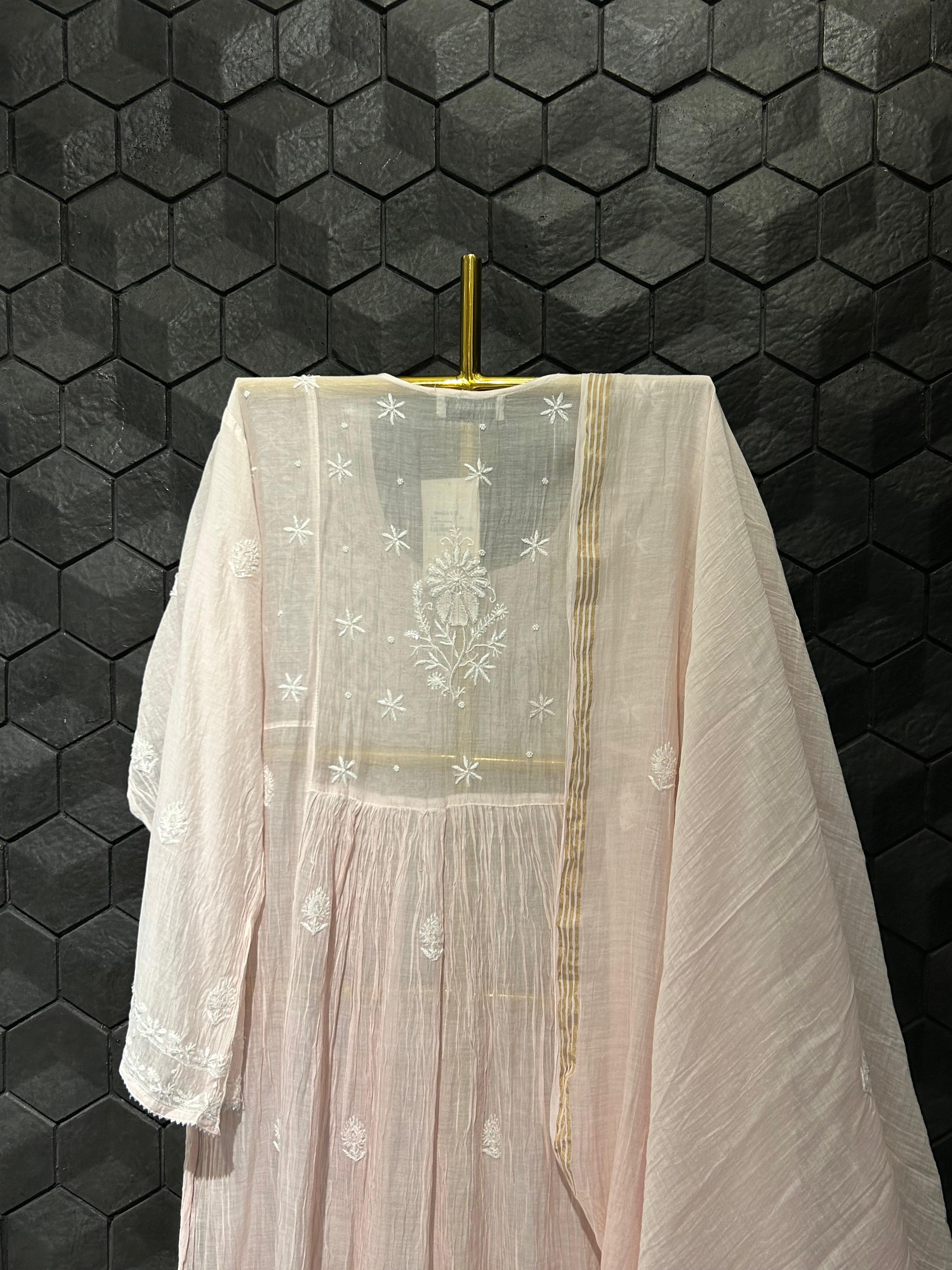 PinK mul chanderi chikankari kurta set