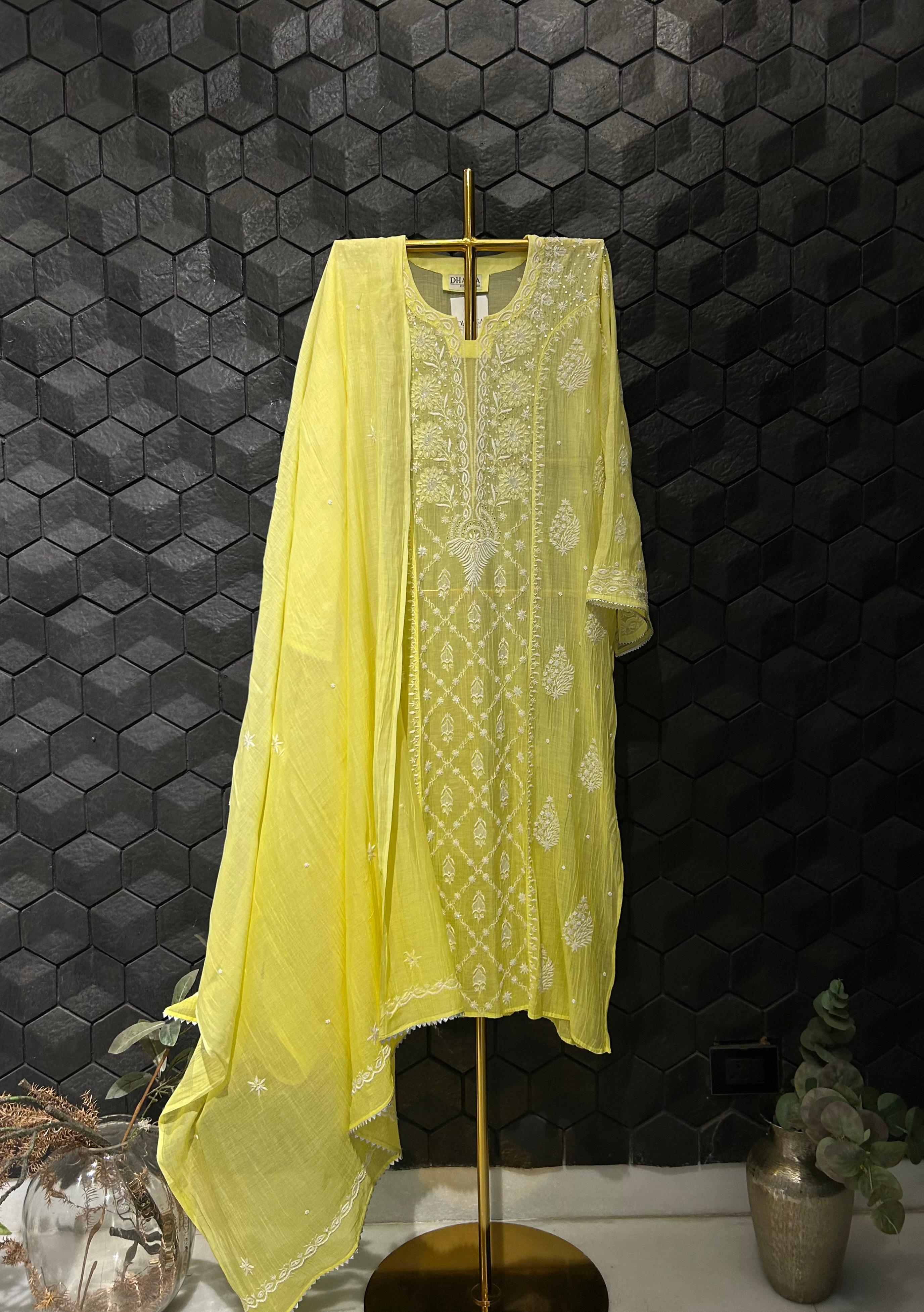 Lime yellow mul chanderi chikankari kurta set