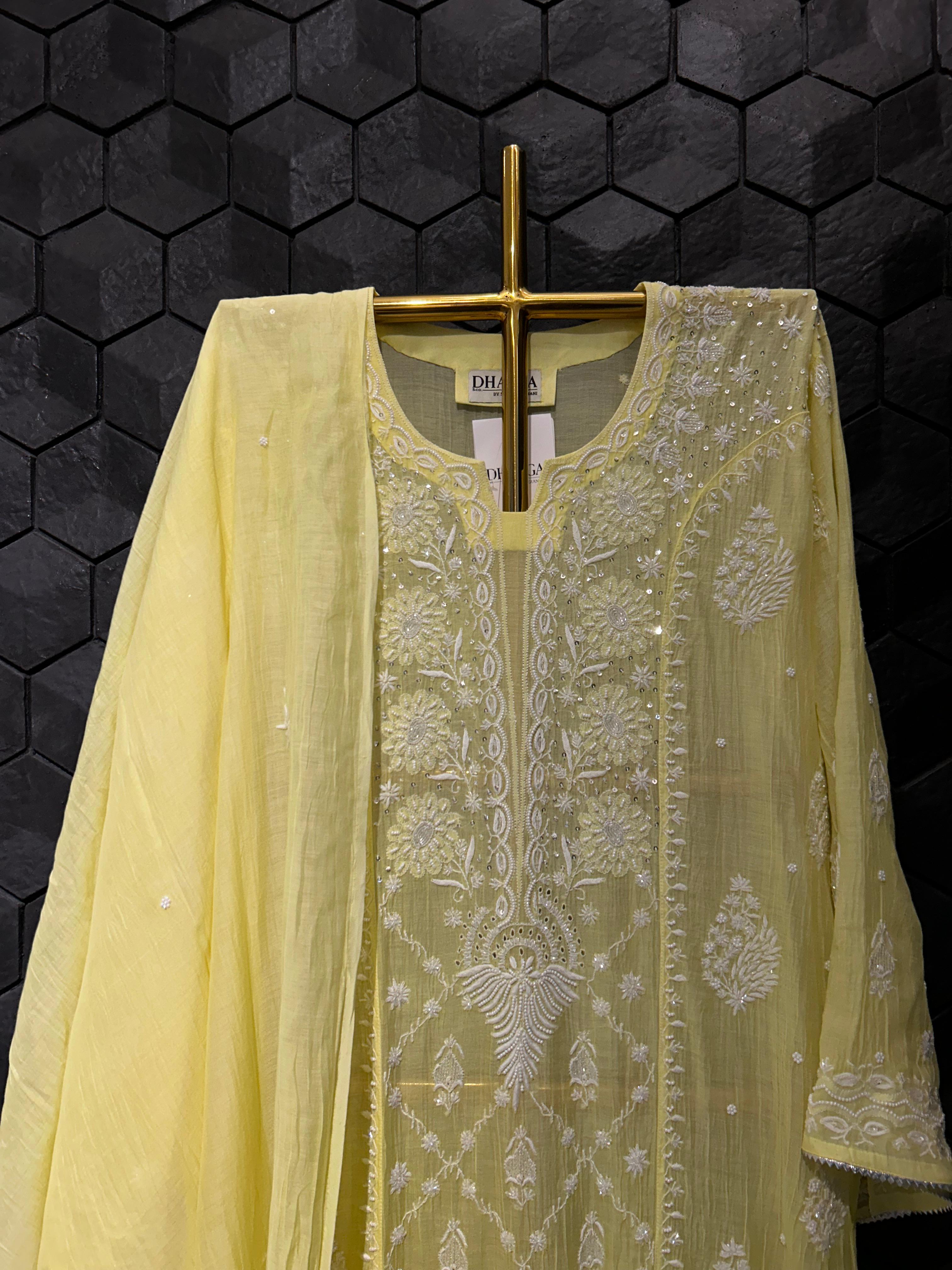 Lime yellow mul chanderi chikankari kurta set