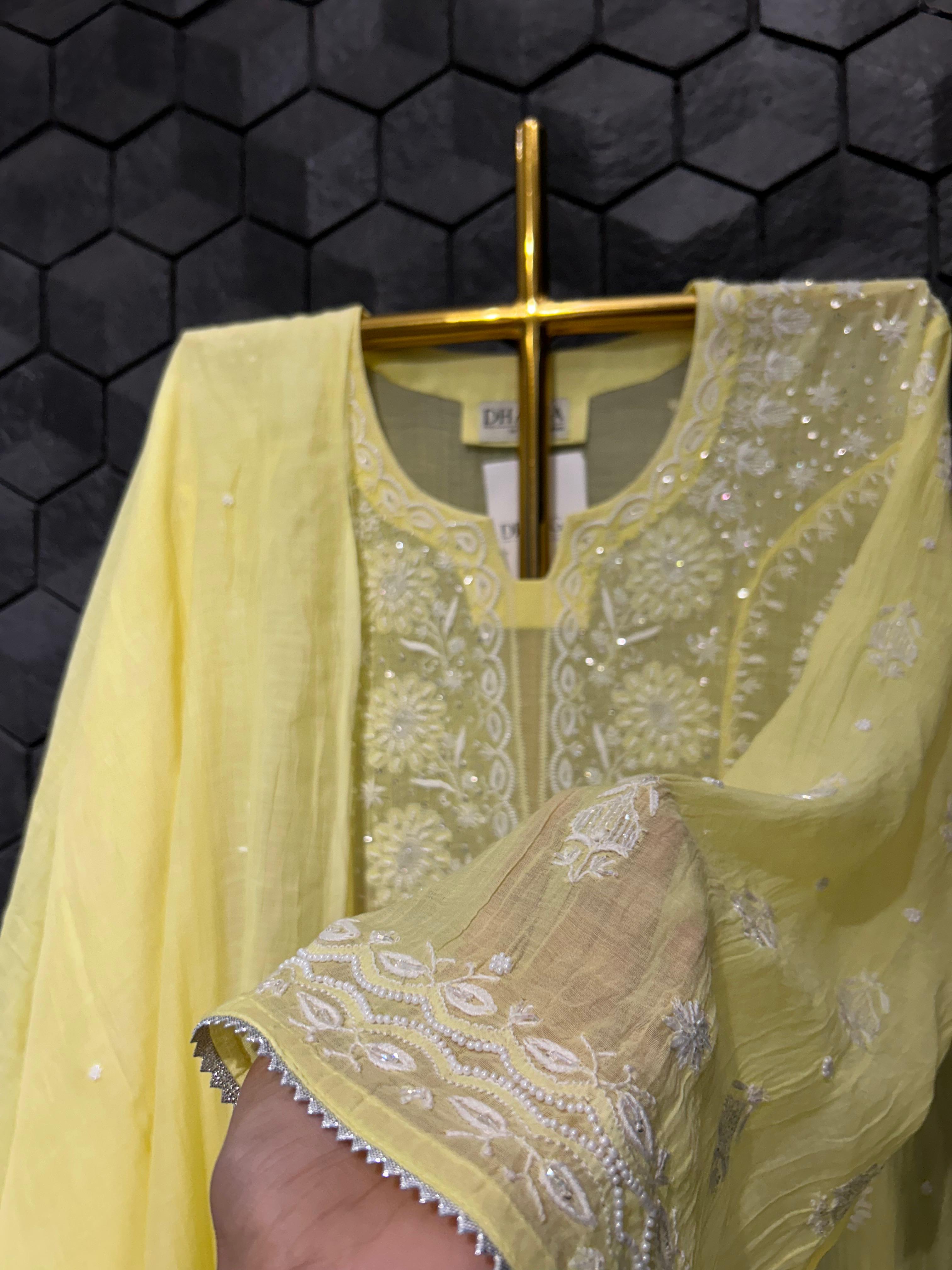 Lime yellow mul chanderi chikankari kurta set