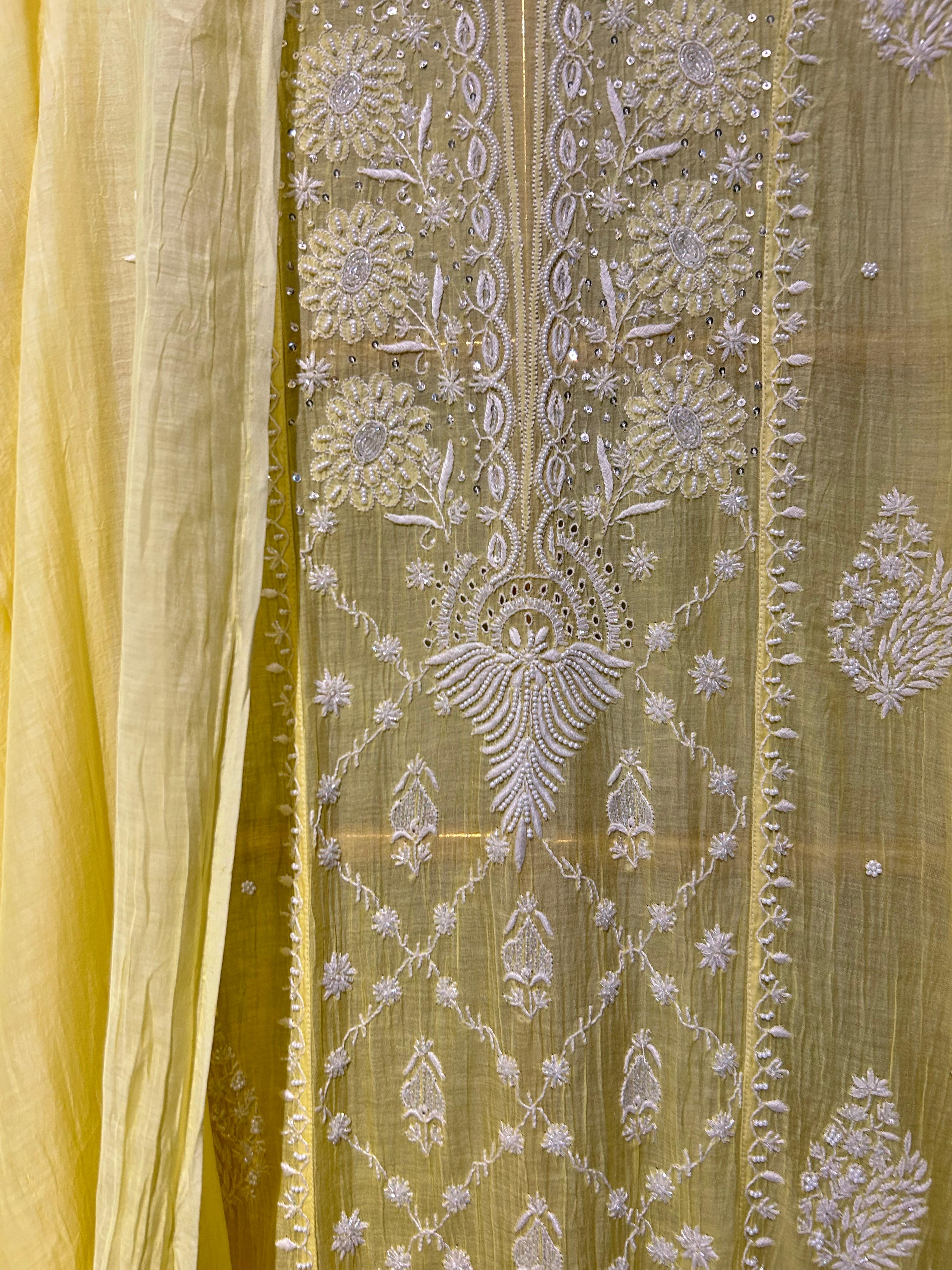 Lime yellow mul chanderi chikankari kurta set