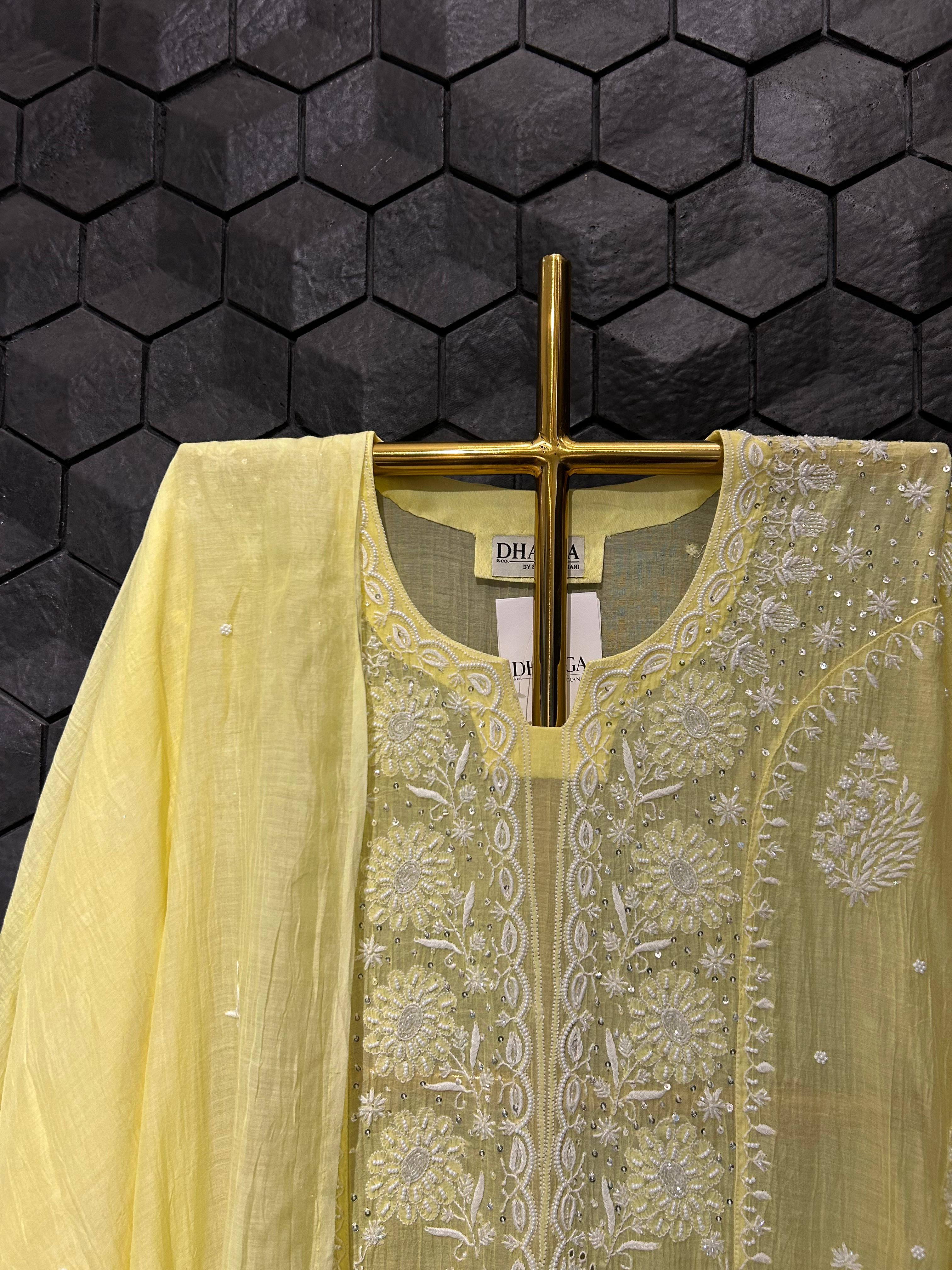 Lime yellow mul chanderi chikankari kurta set