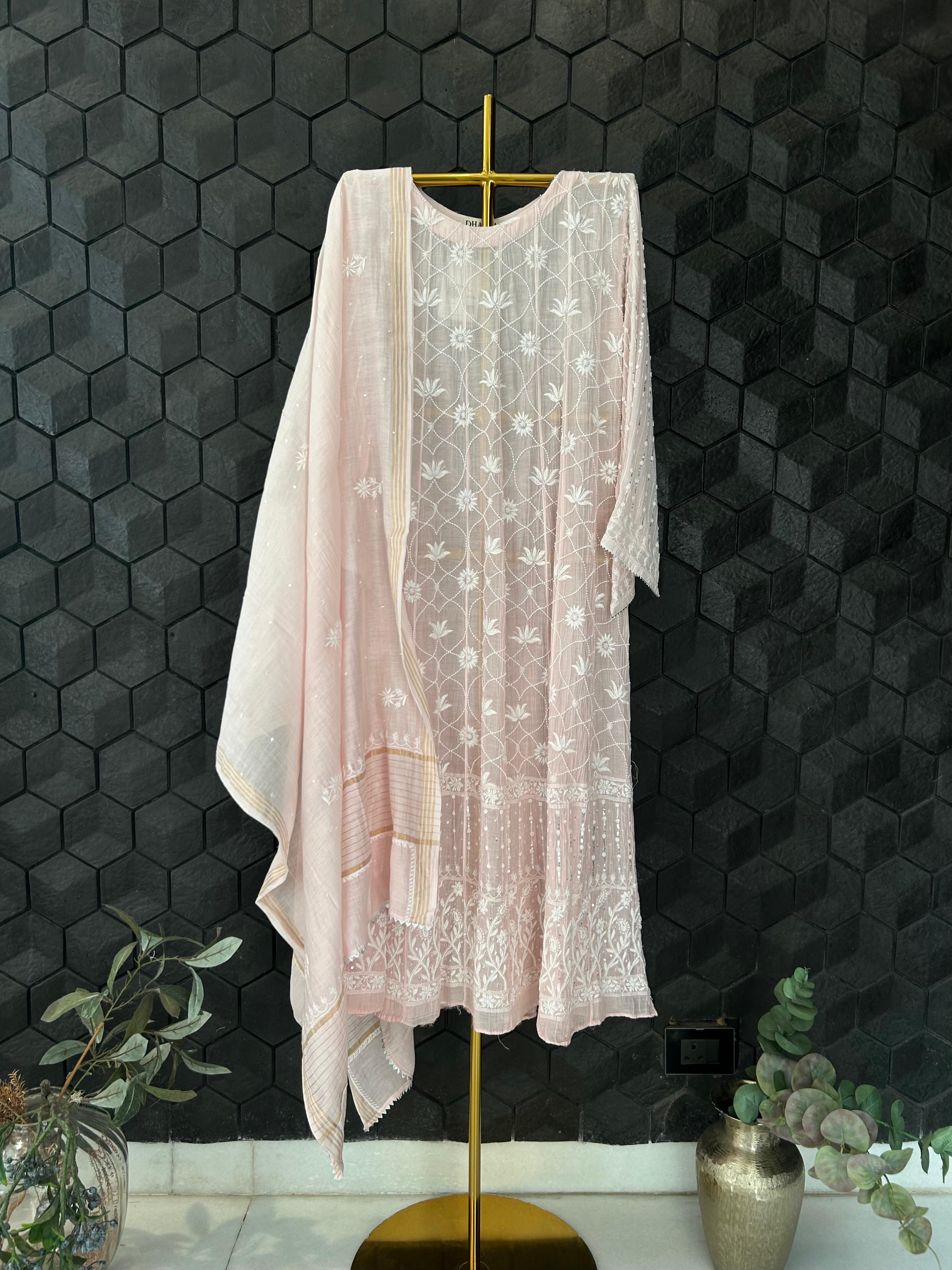 Pink mul chanderi chikankari anarkali set