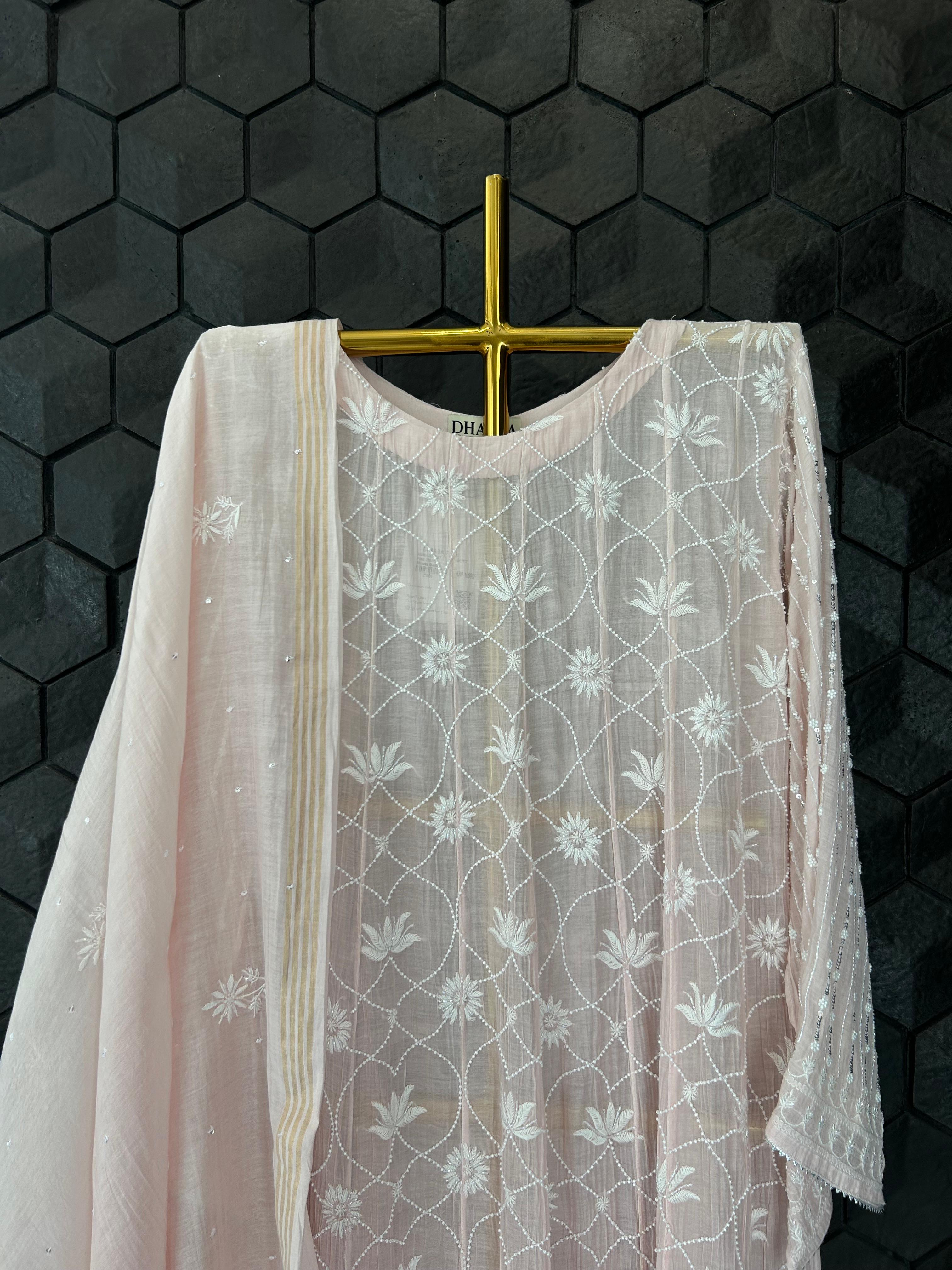 Pink mul chanderi chikankari anarkali set