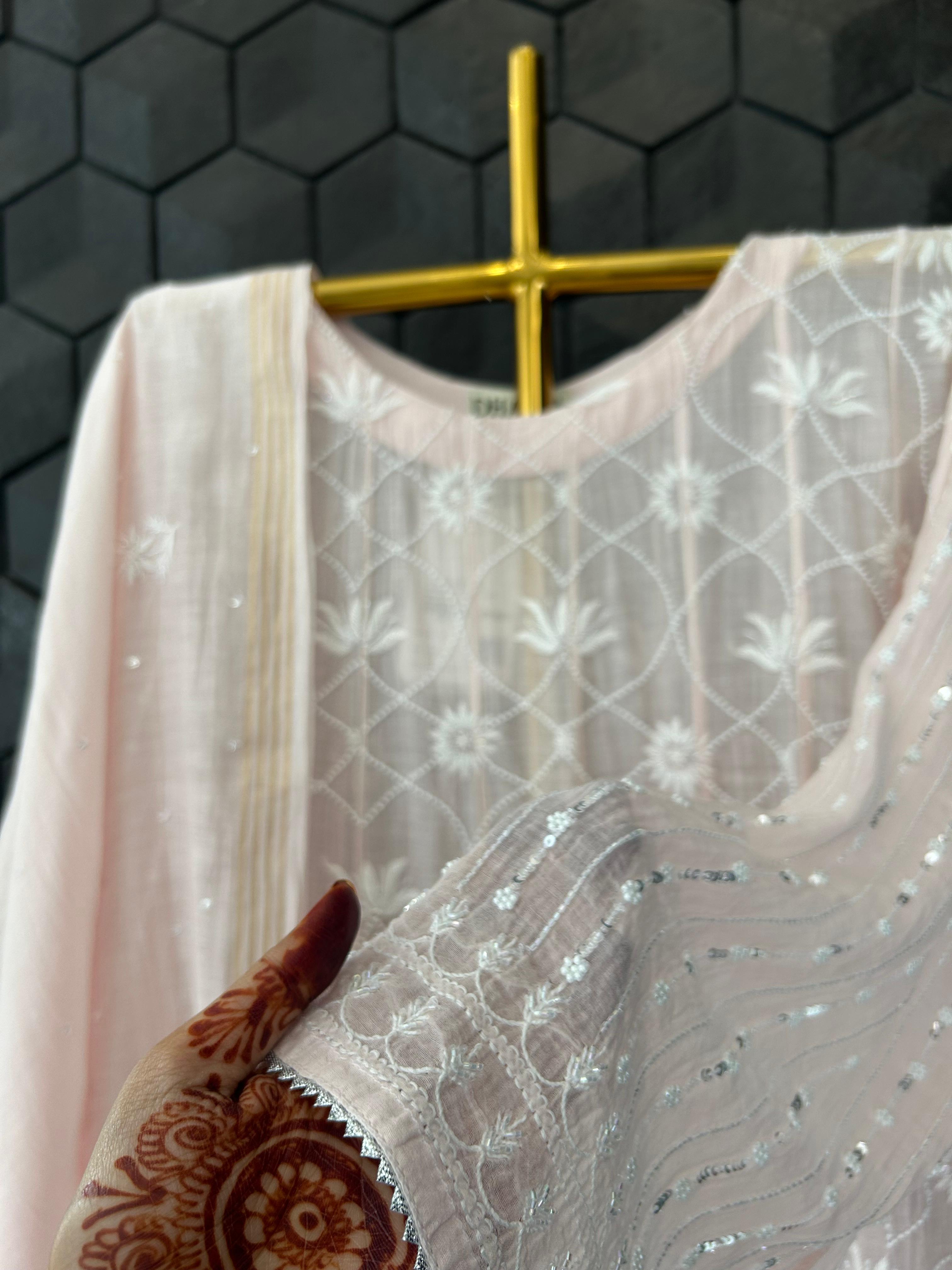 Pink mul chanderi chikankari anarkali set