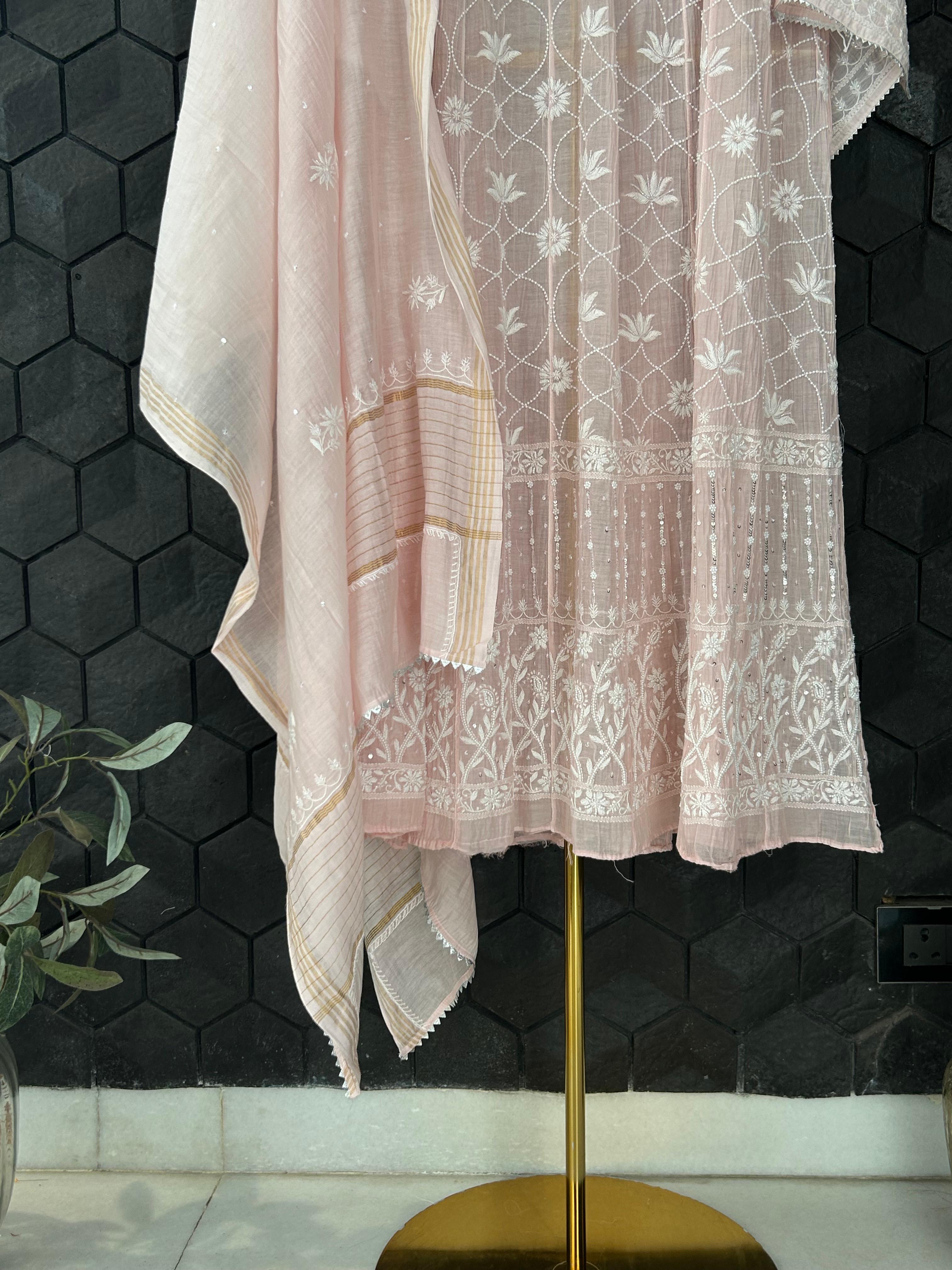 Pink mul chanderi chikankari anarkali set