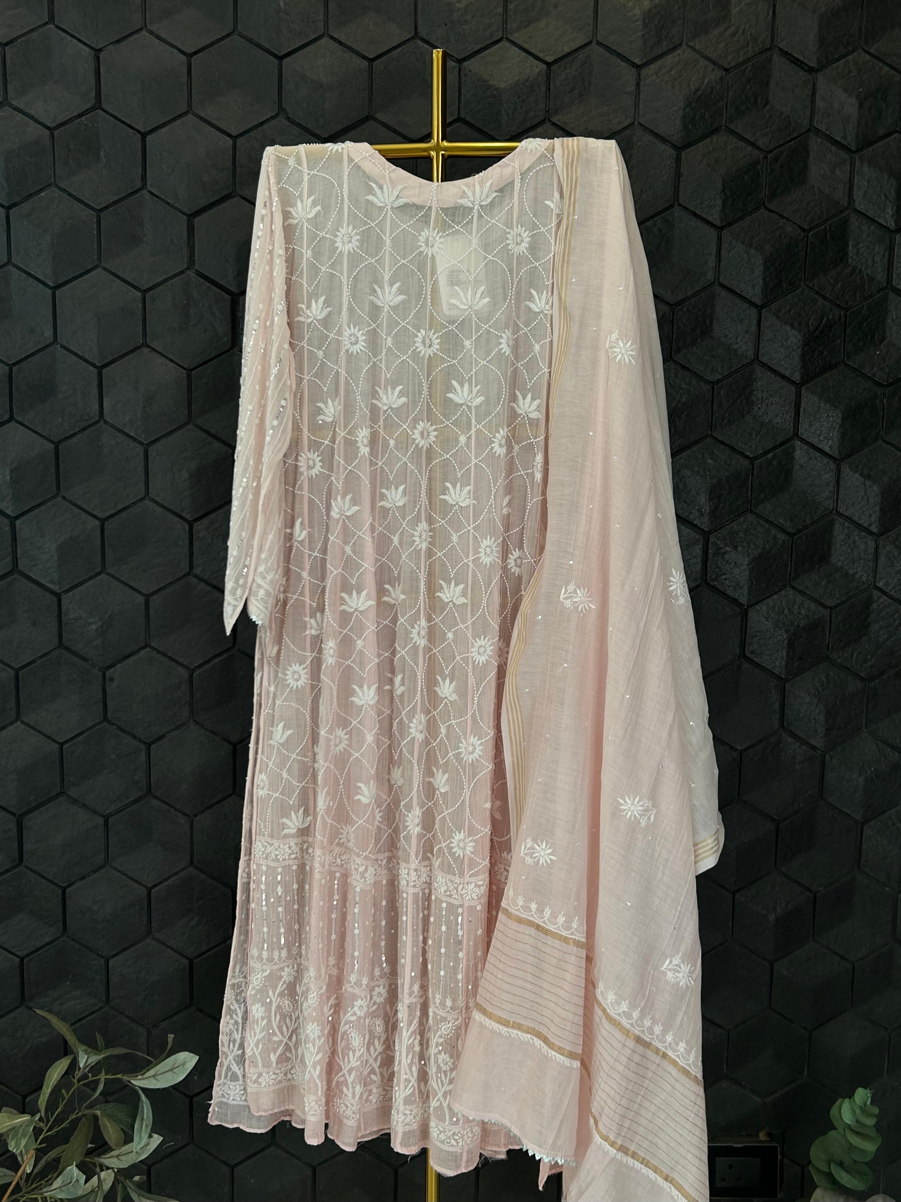 Pink mul chanderi chikankari anarkali set