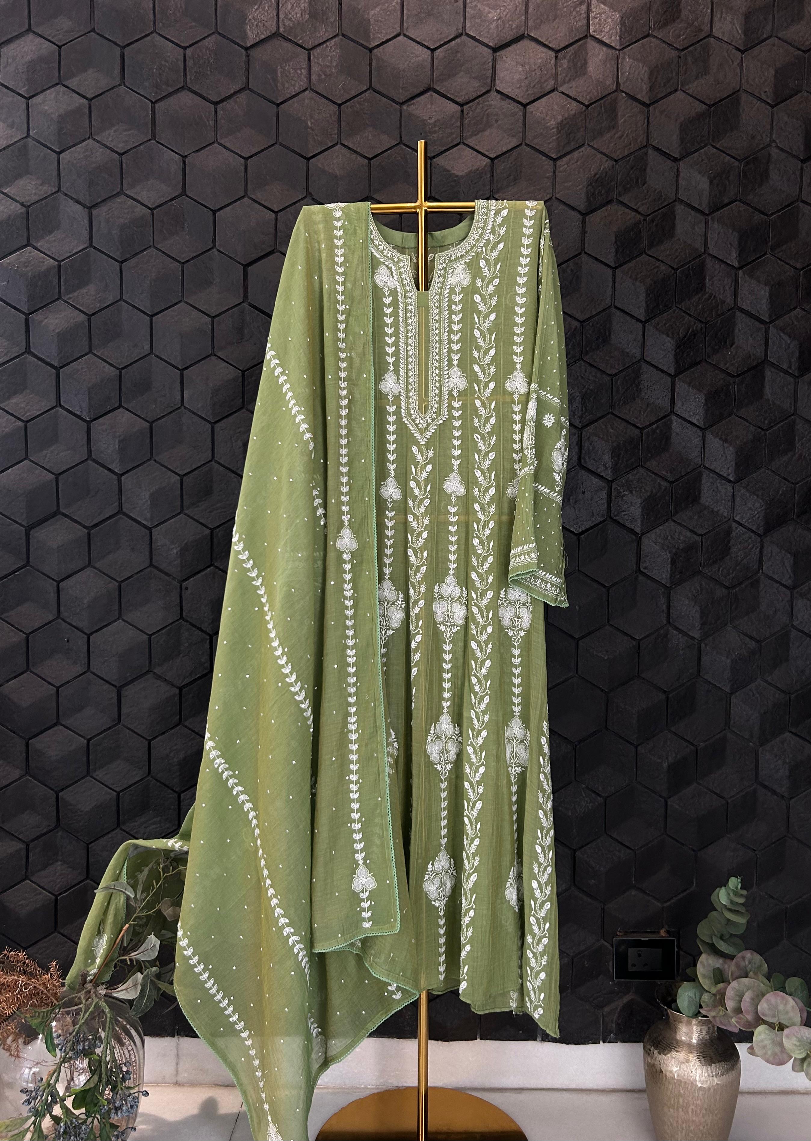 Green tissue chikankari anarkali set