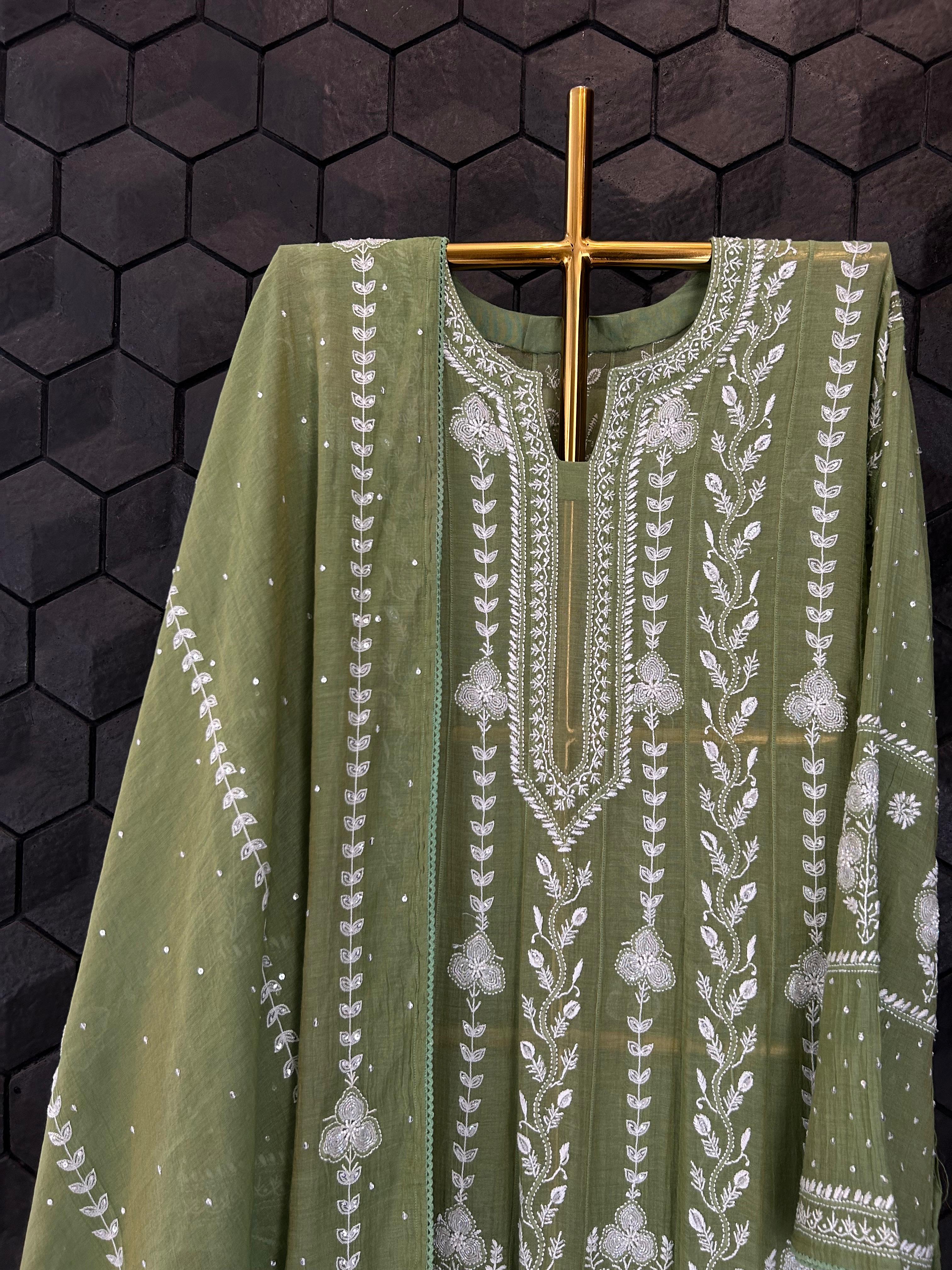 Green tissue chikankari anarkali set