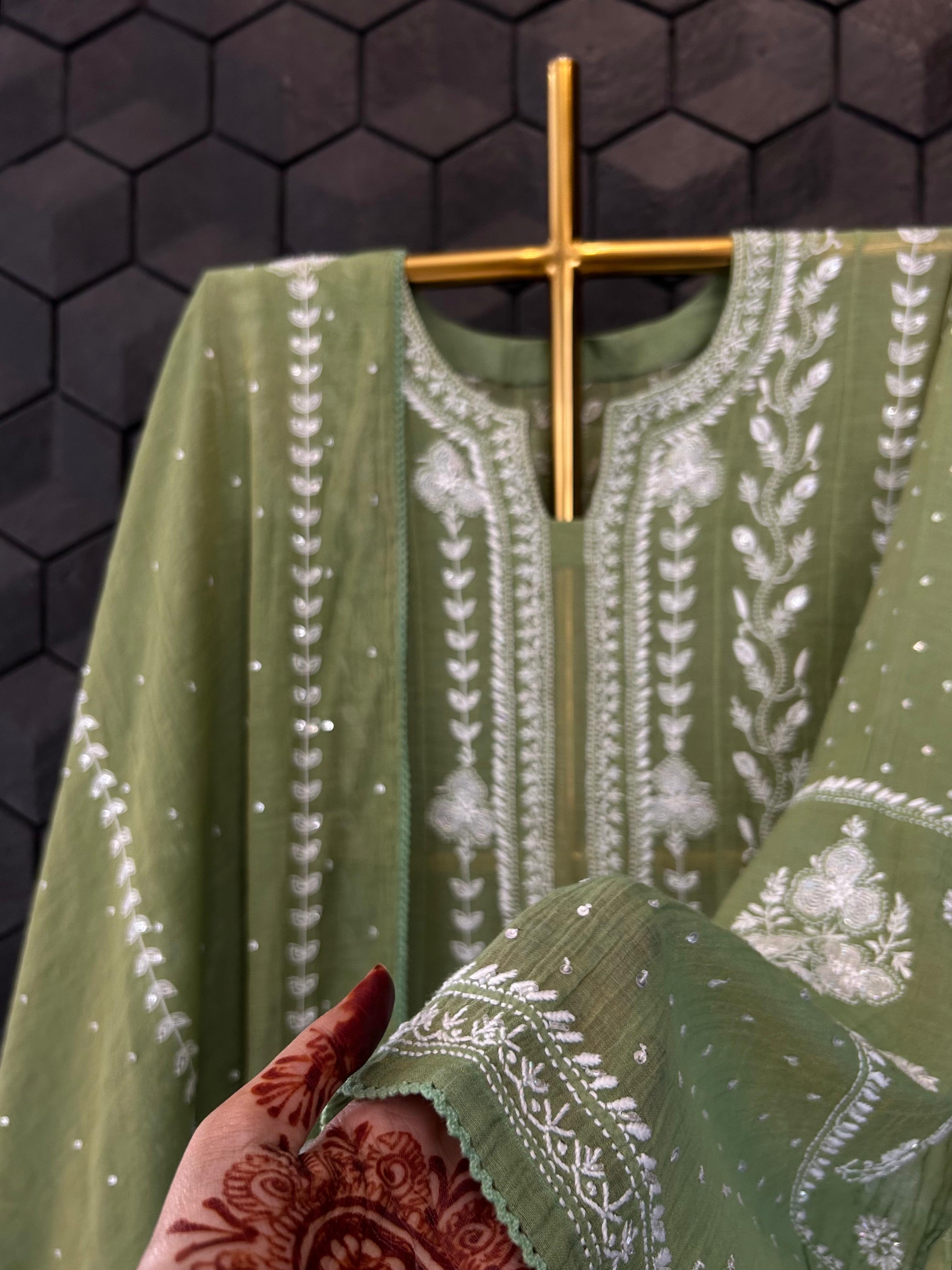 Green tissue chikankari anarkali set
