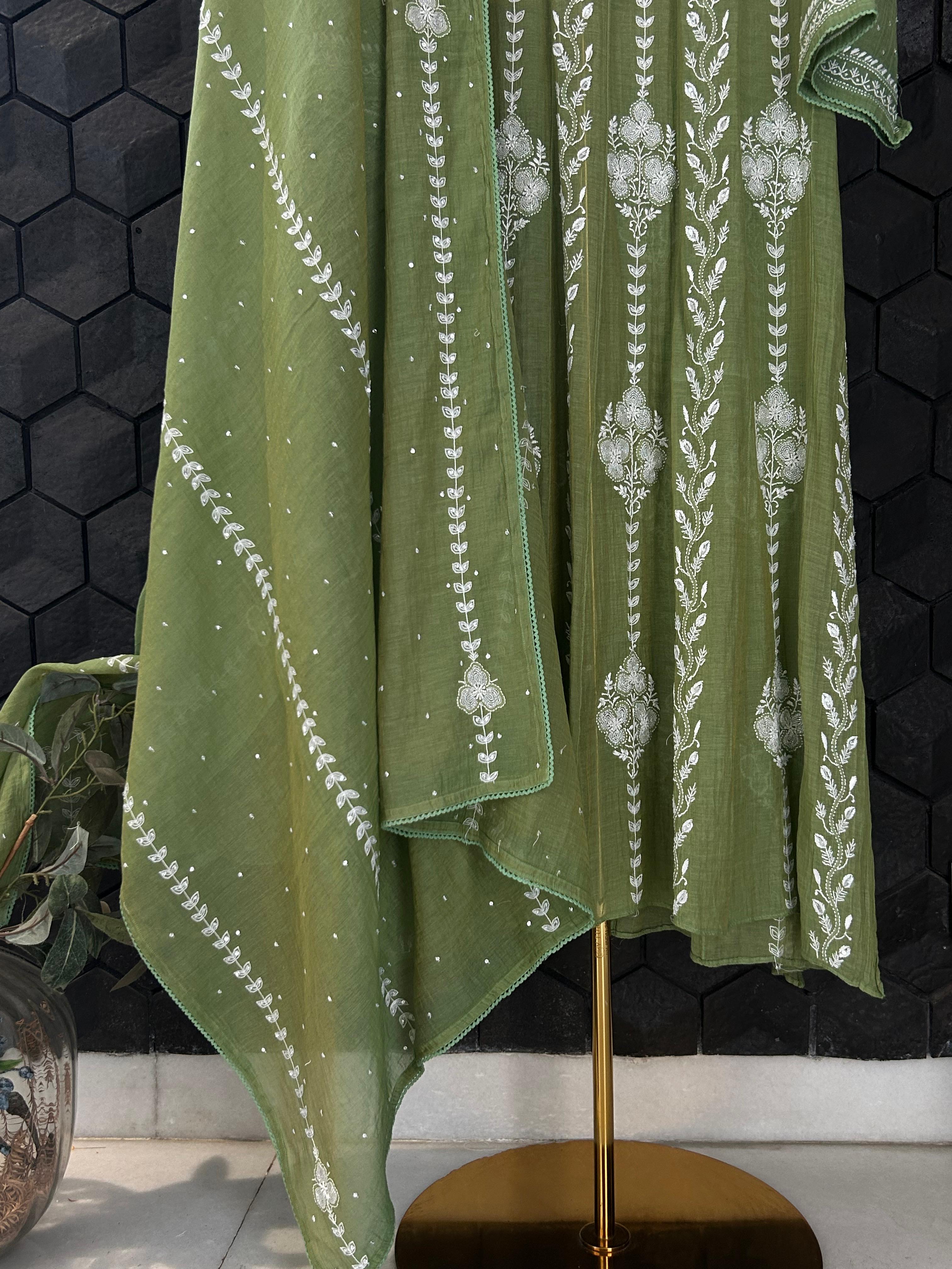 Green tissue chikankari anarkali set
