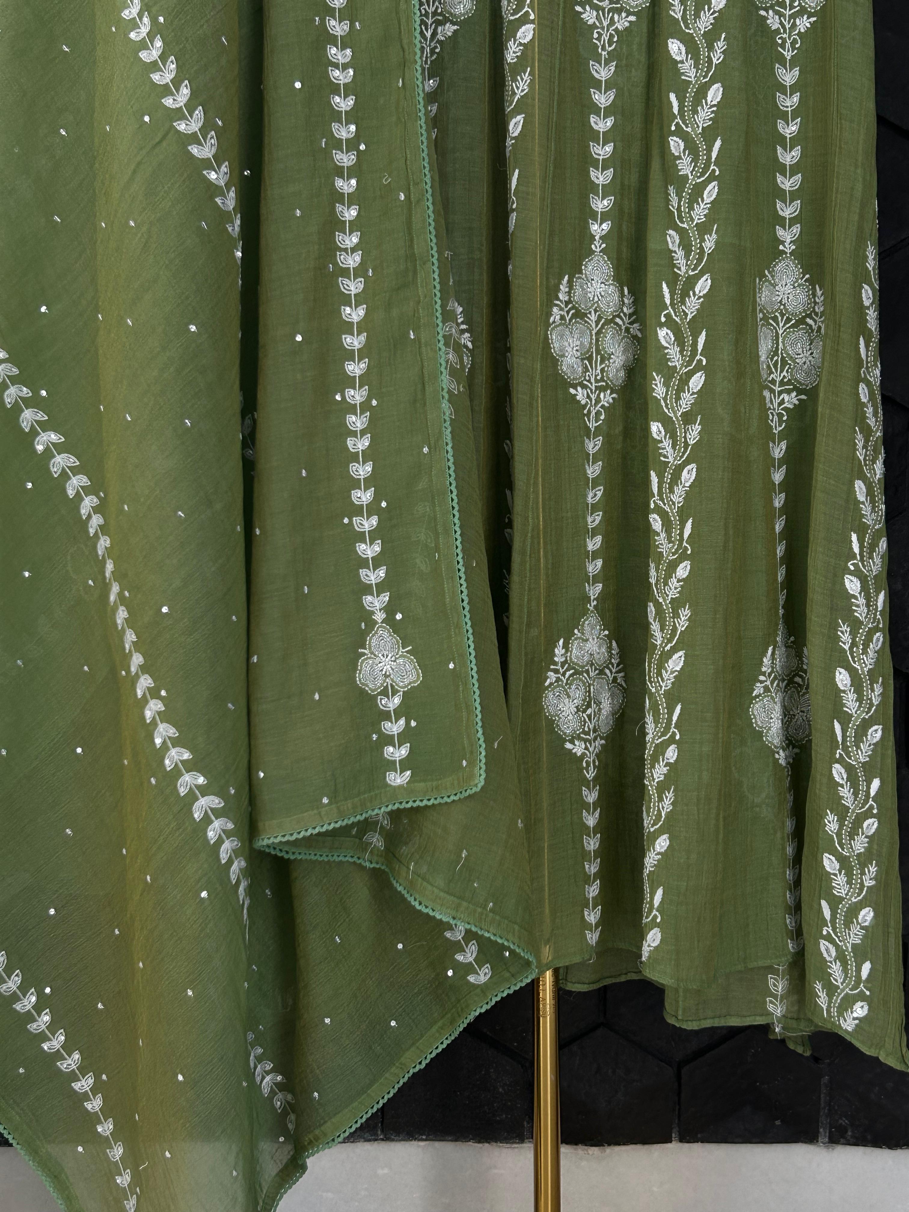 Green tissue chikankari anarkali set