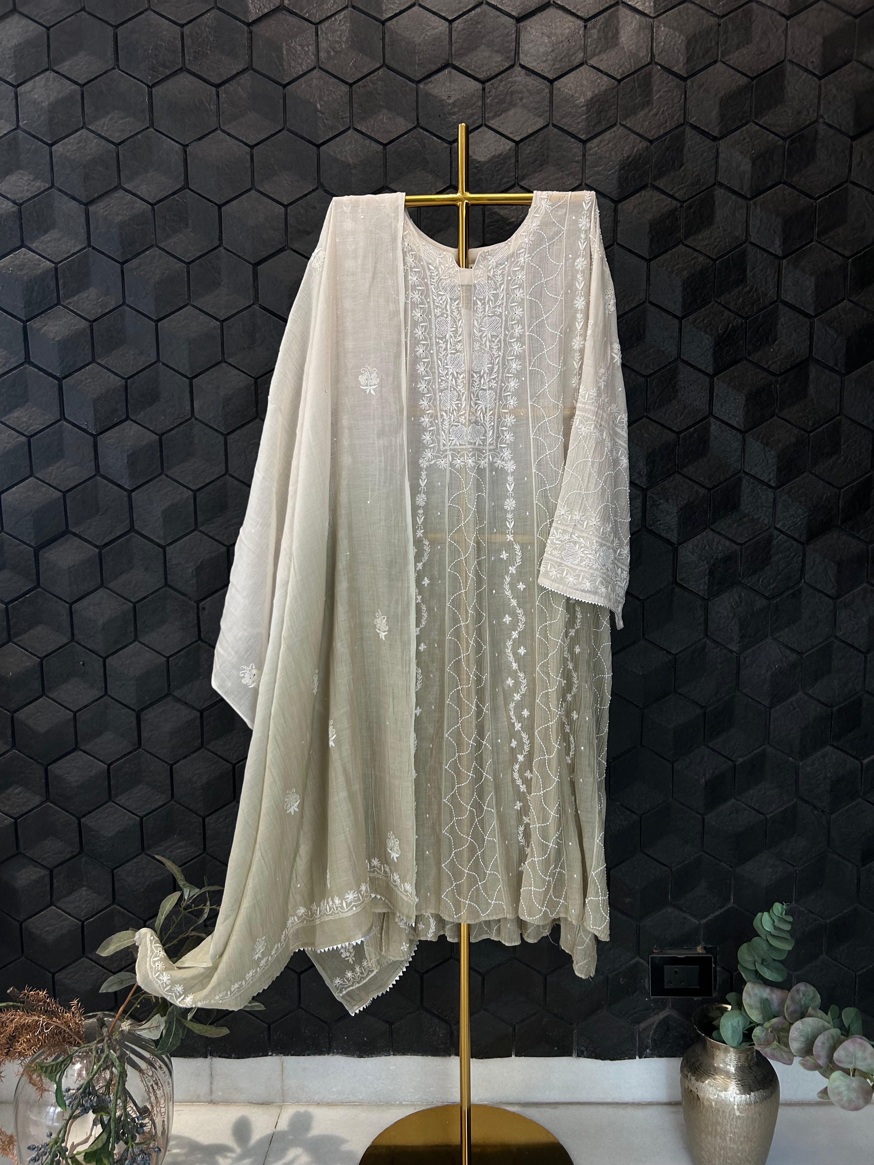 Brown mul chanderi chikankari anarkali set