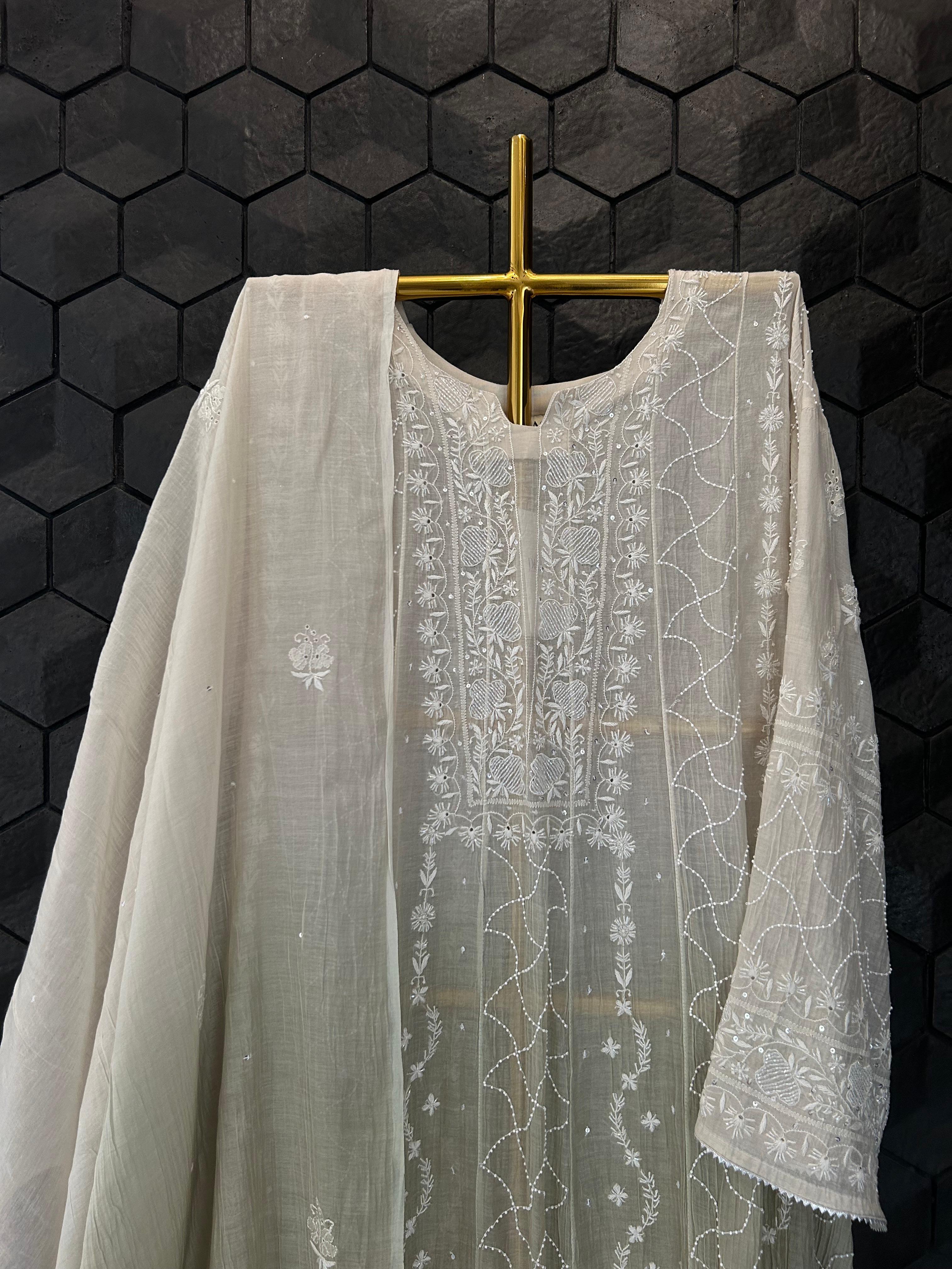 Brown mul chanderi chikankari anarkali set