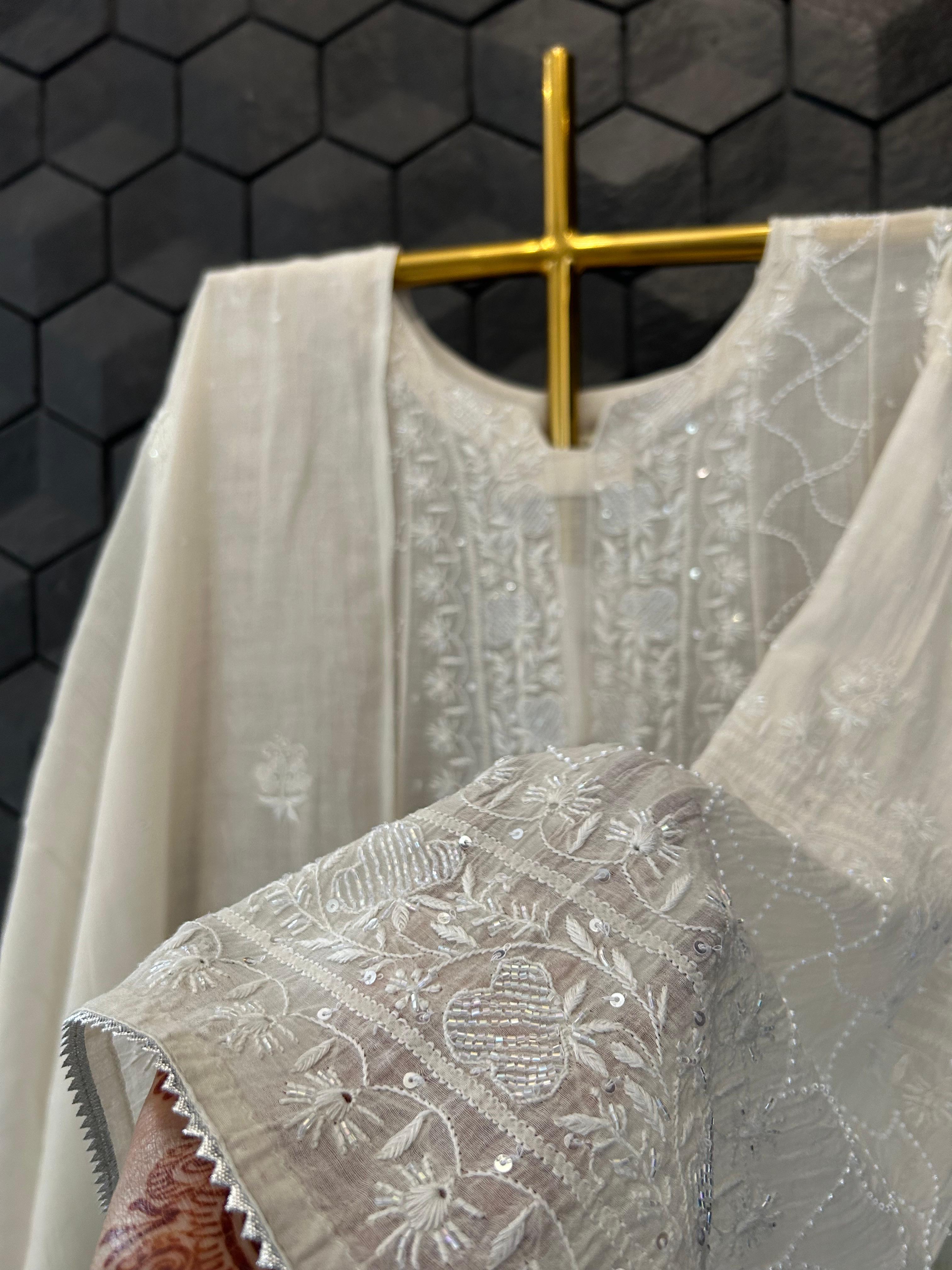 Brown mul chanderi chikankari anarkali set