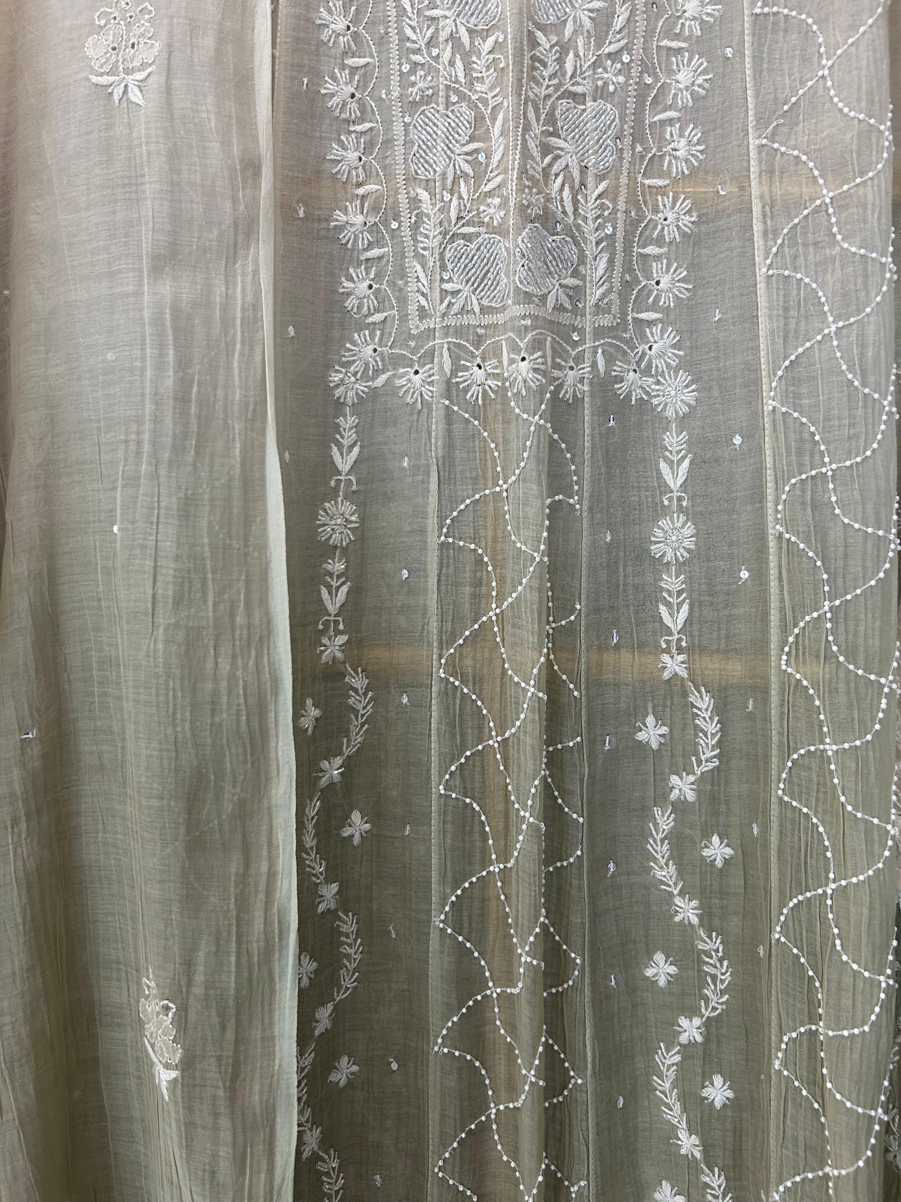 Brown mul chanderi chikankari anarkali set