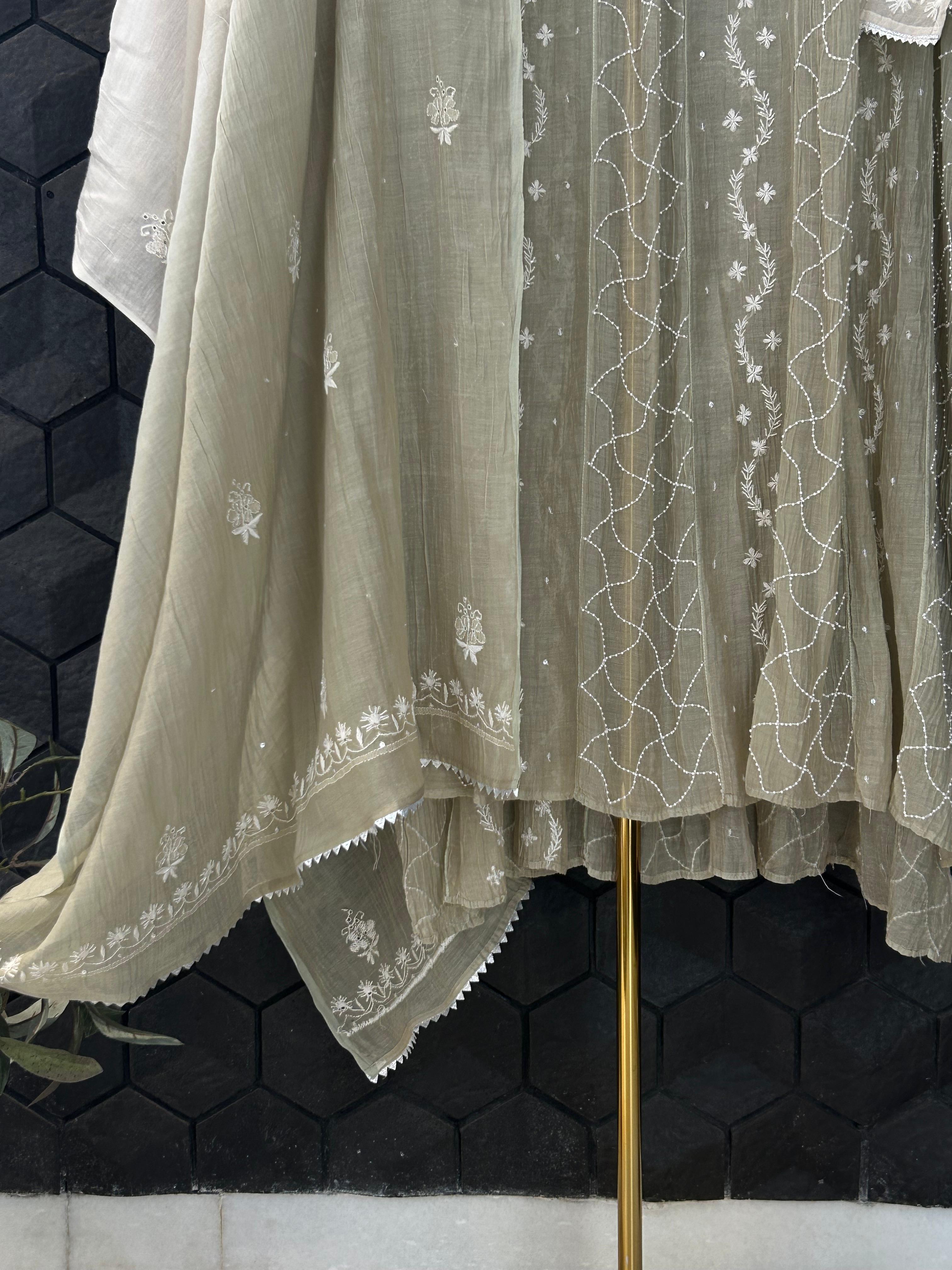 Brown mul chanderi chikankari anarkali set