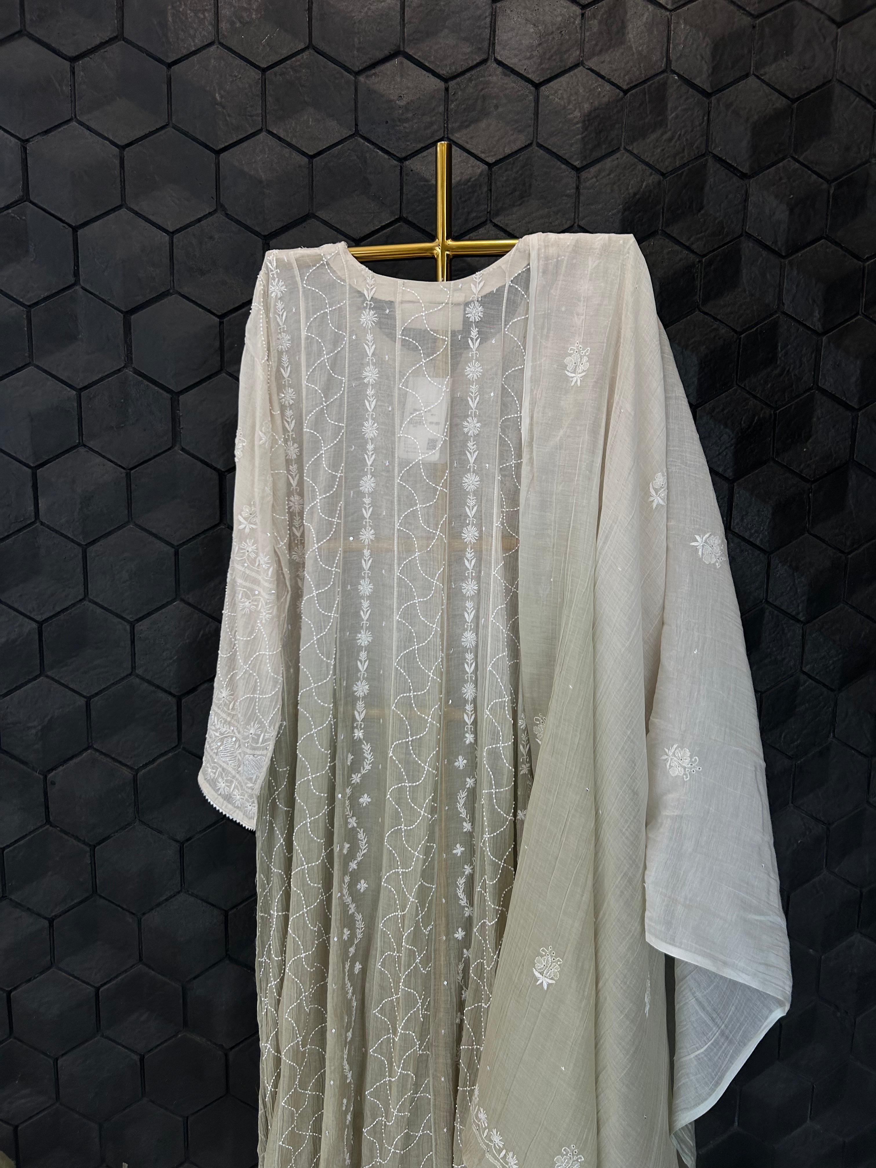 Brown mul chanderi chikankari anarkali set