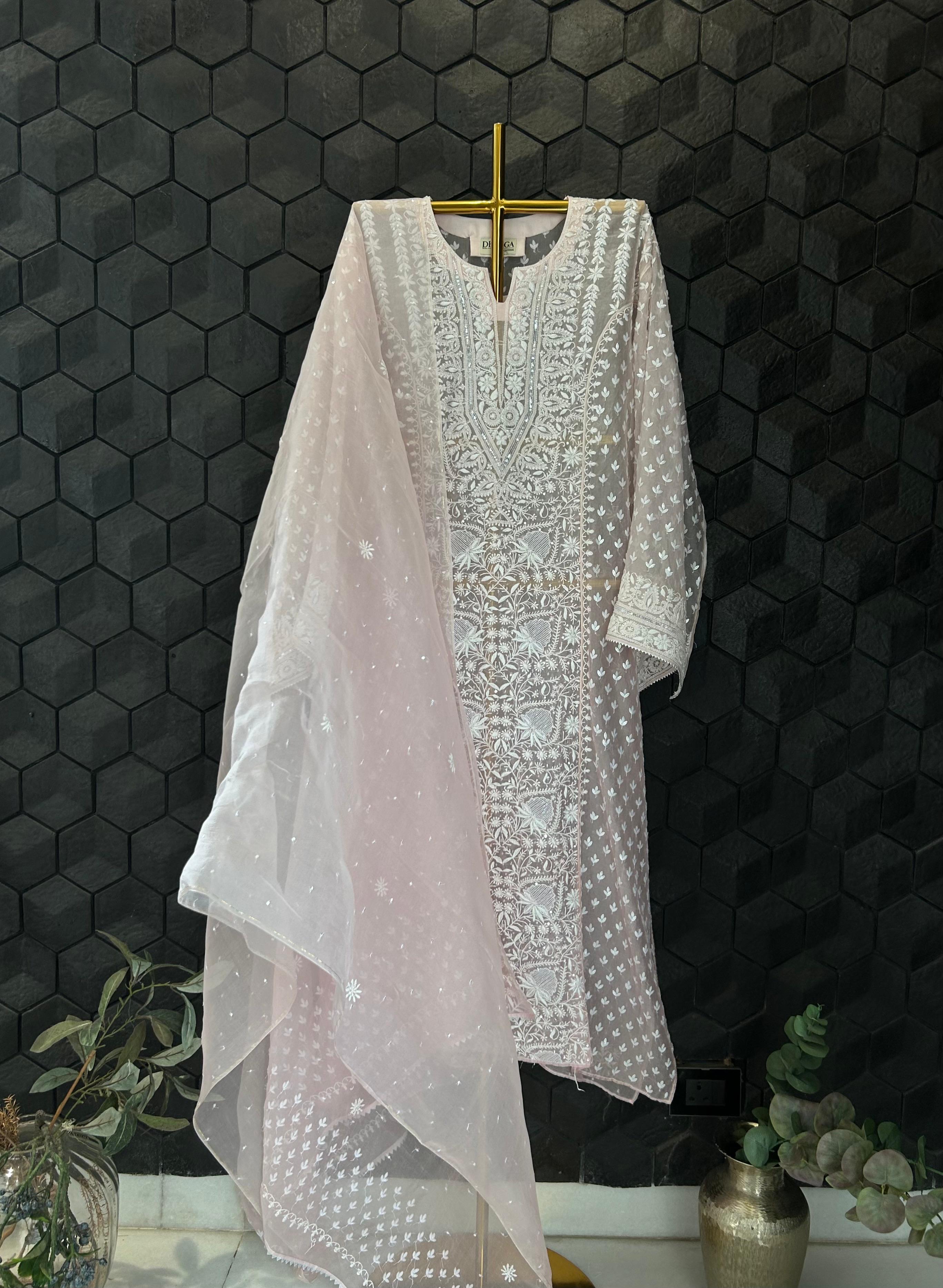 Pink organza chikankari kurta set