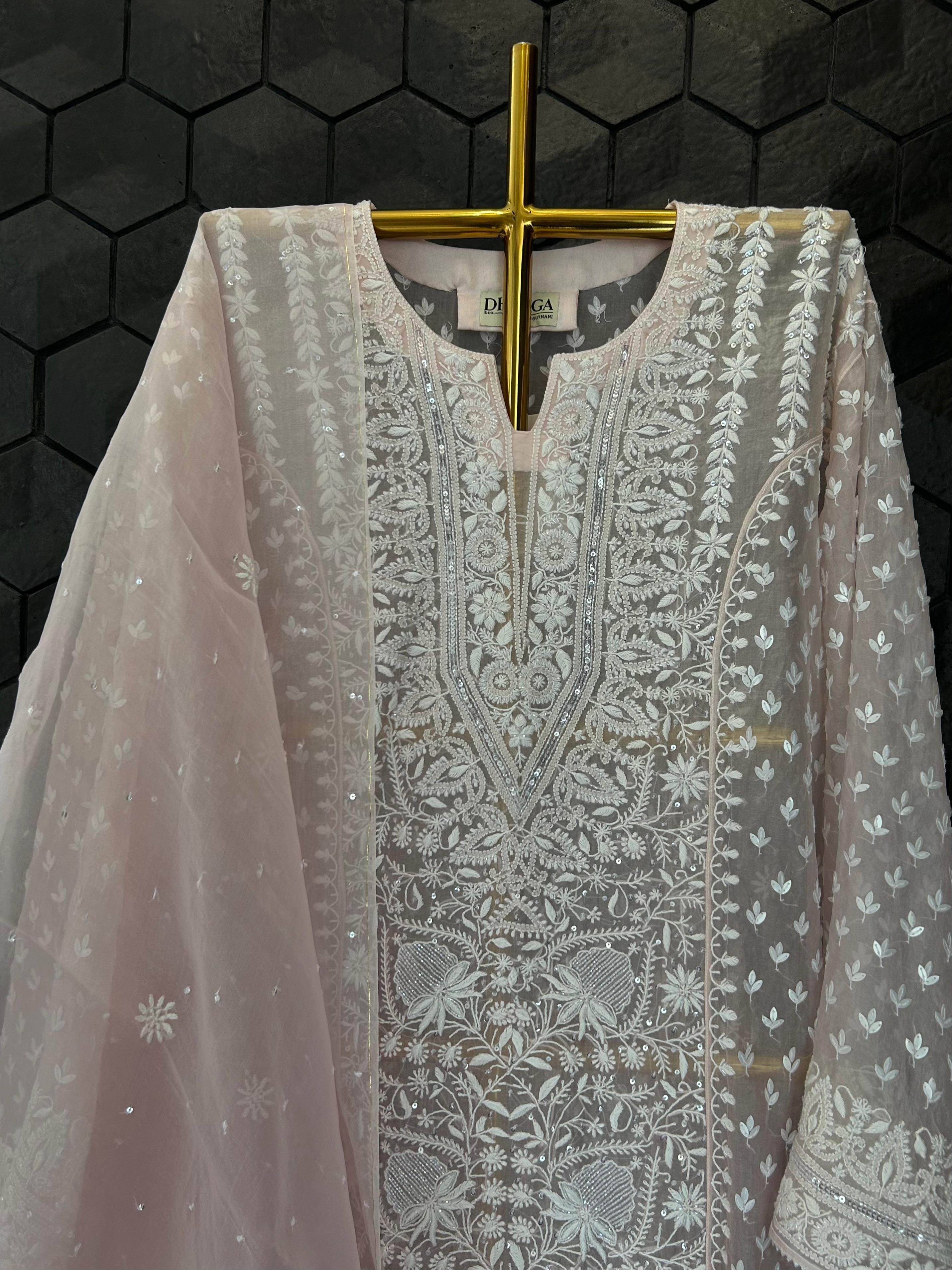 Pink organza chikankari kurta set