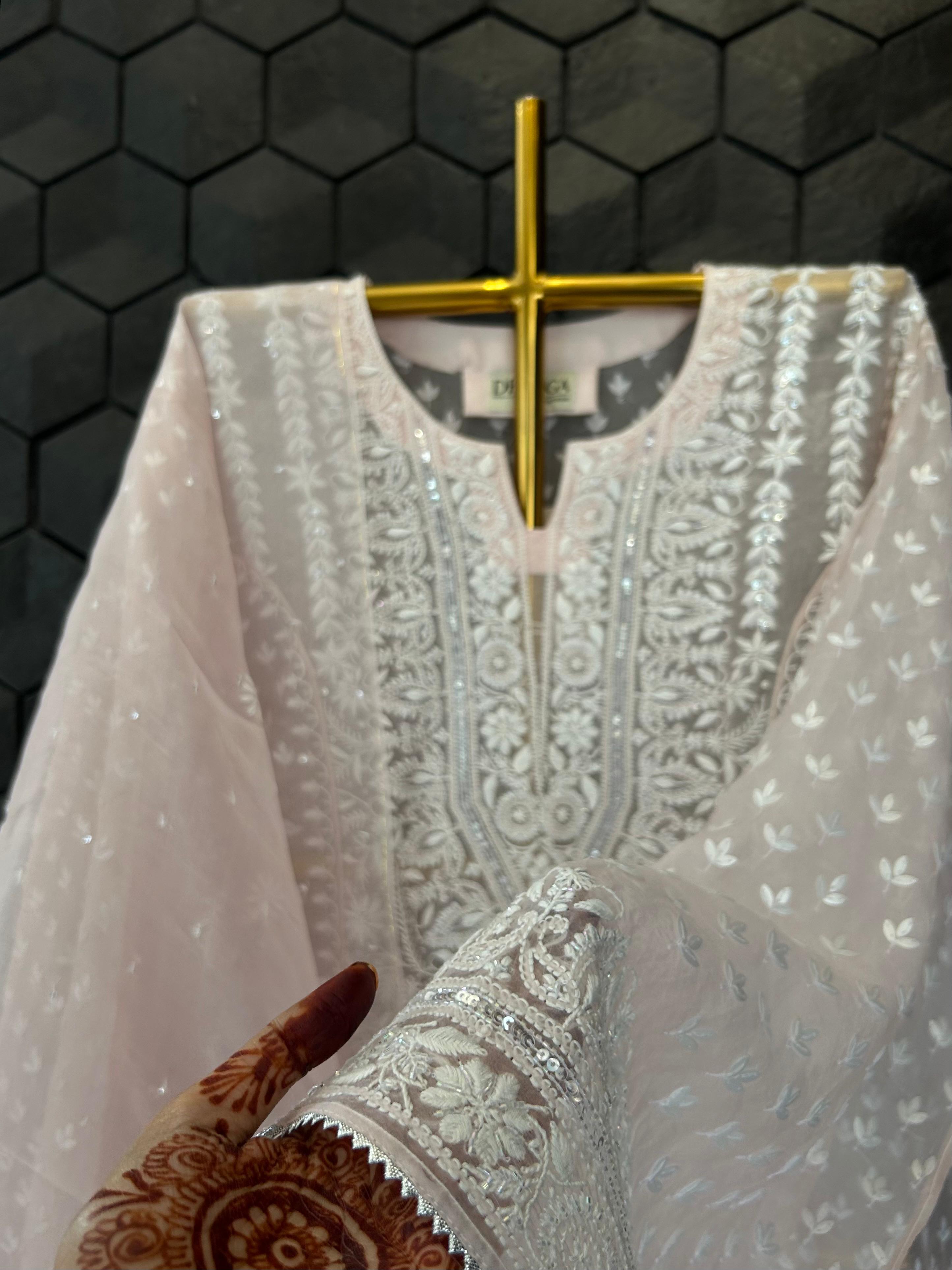 Pink organza chikankari kurta set